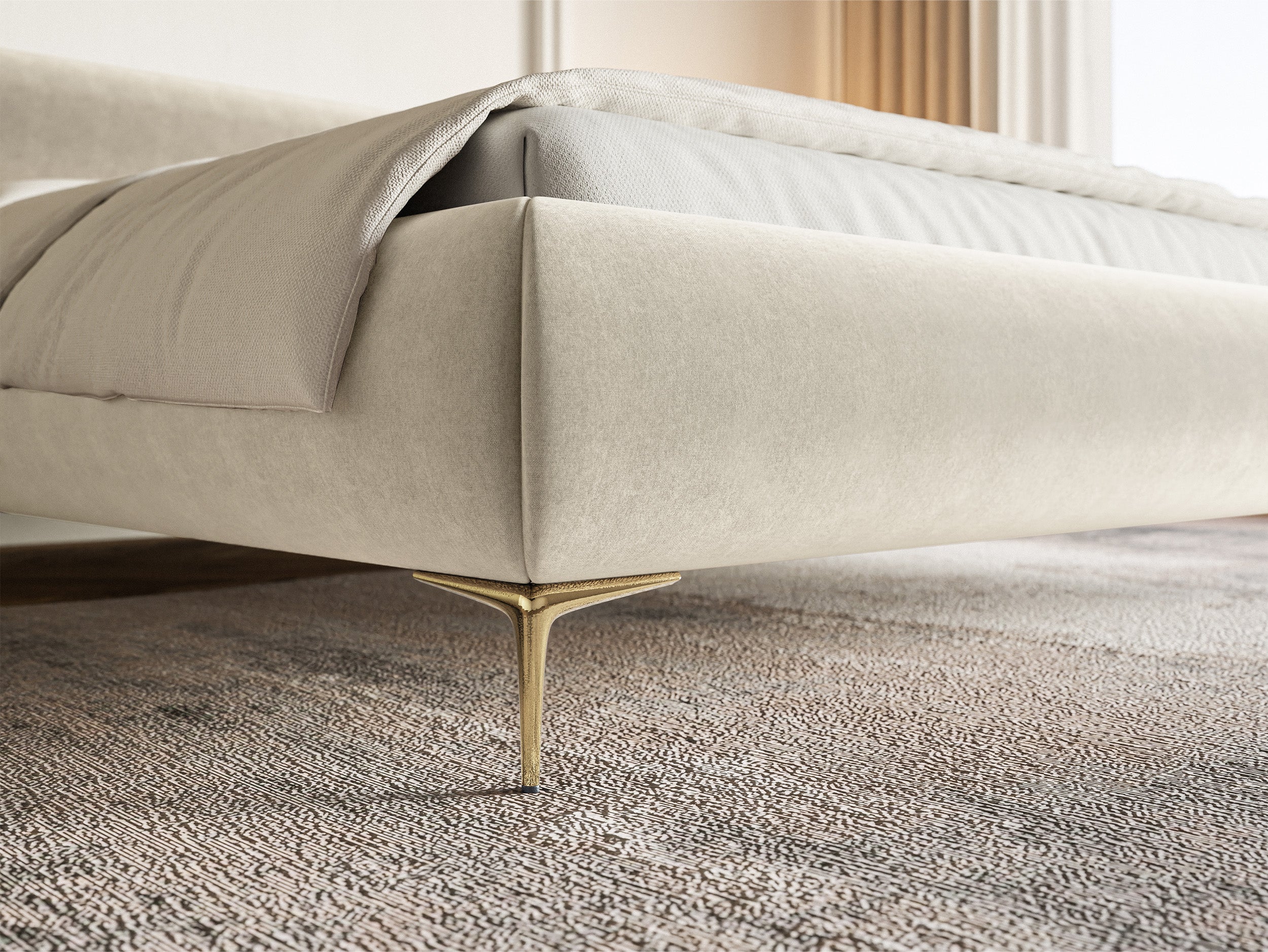 Polsterbett 180x200 cm Roule mit Stauraum, Metallrahmen, cremefarbener Velours, wasserabweisend, goldene Beine