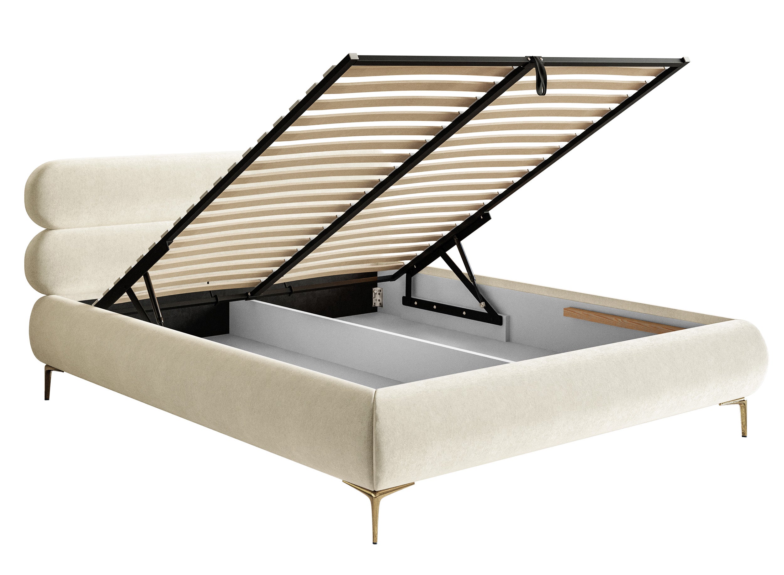 Polsterbett 180x200 cm Roule mit Stauraum, Metallrahmen, cremefarbener Velours, wasserabweisend, goldene Beine