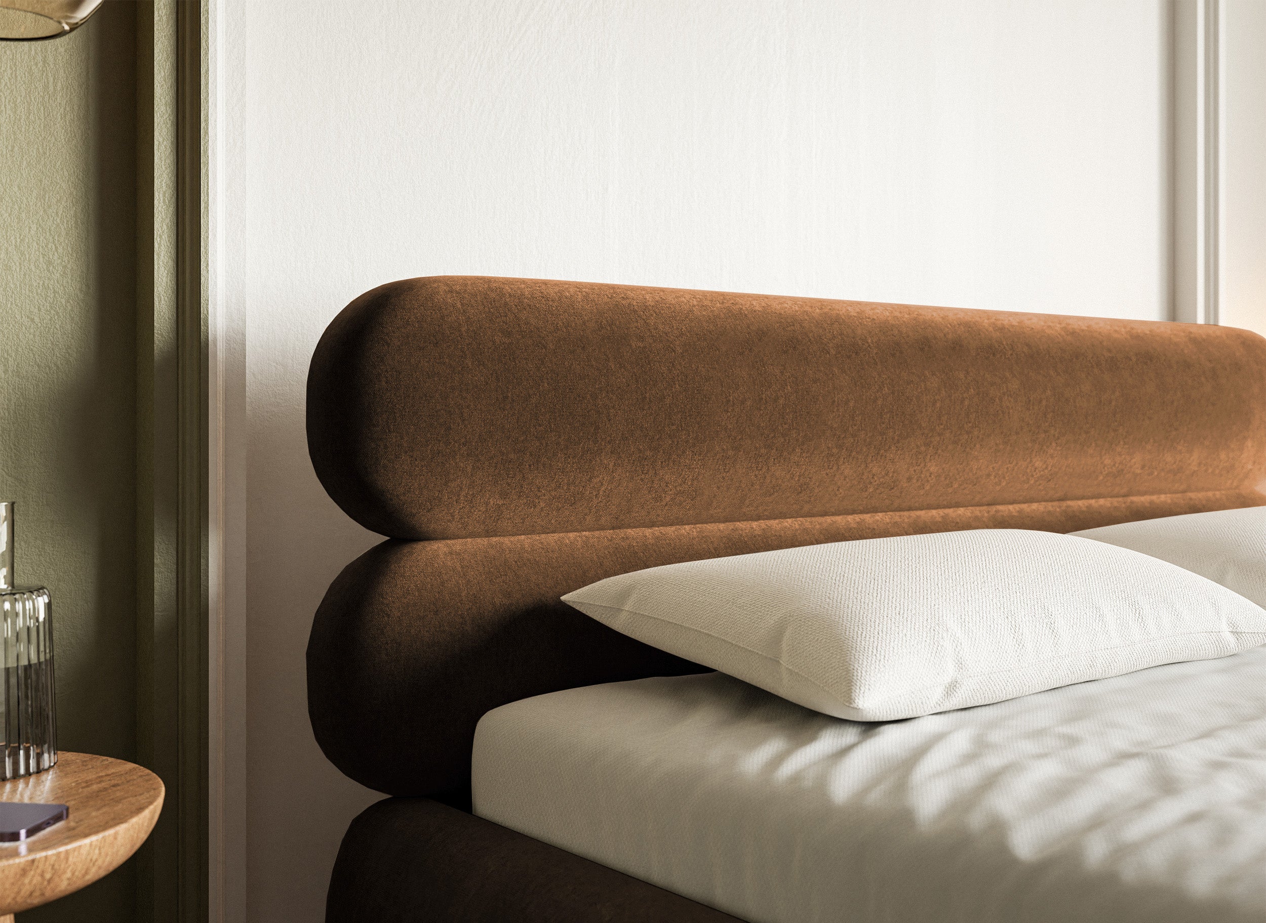 Gepolstertes Bett 160x200 cm Roule mit Stauraum, Metallrahmen, kupferfarbener Velours, wasserabweisend, schwarze Füße