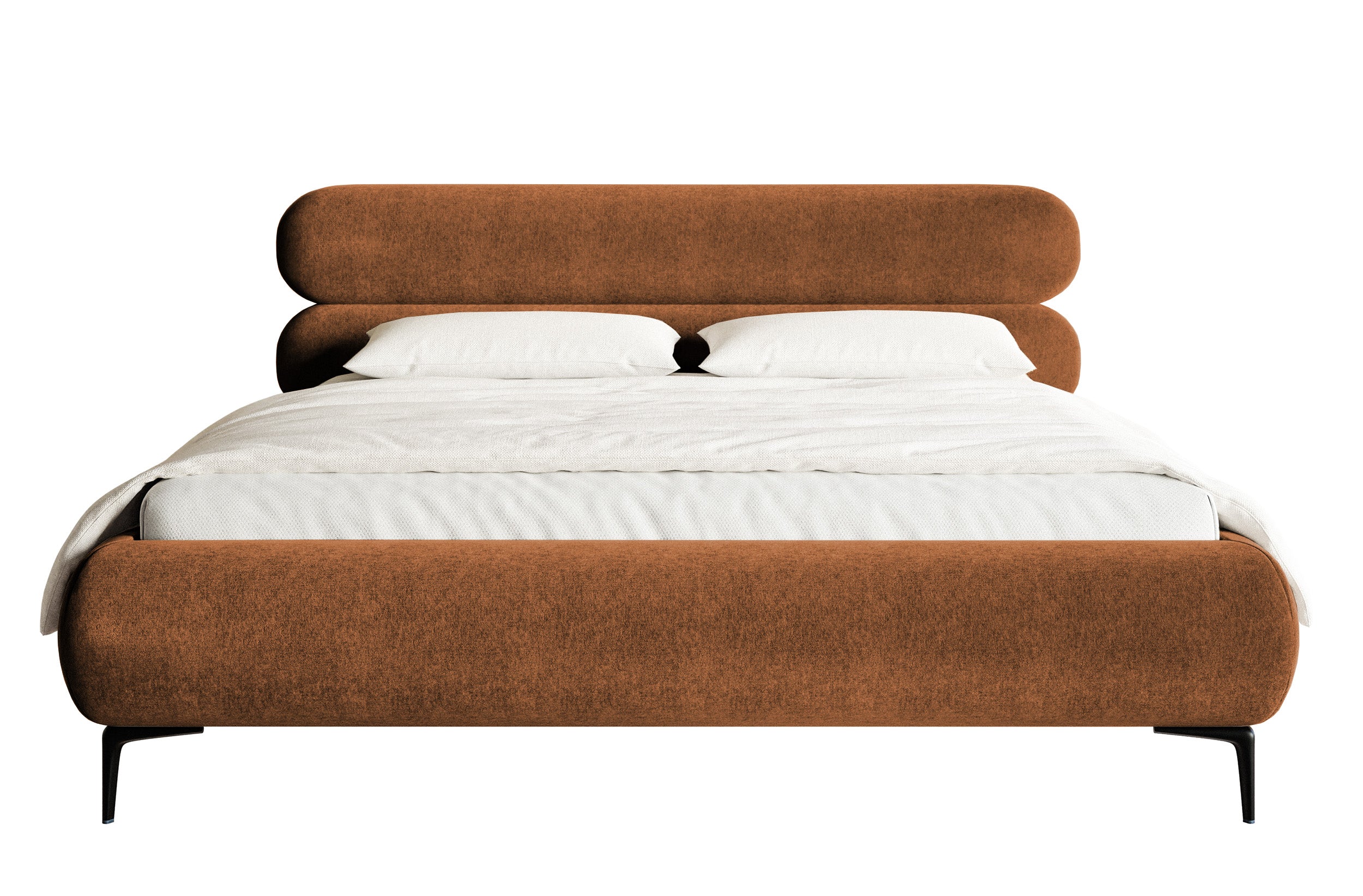 Gepolstertes Bett 160x200 cm Roule mit Stauraum, Metallrahmen, kupferfarbener Velours, wasserabweisend, schwarze Füße