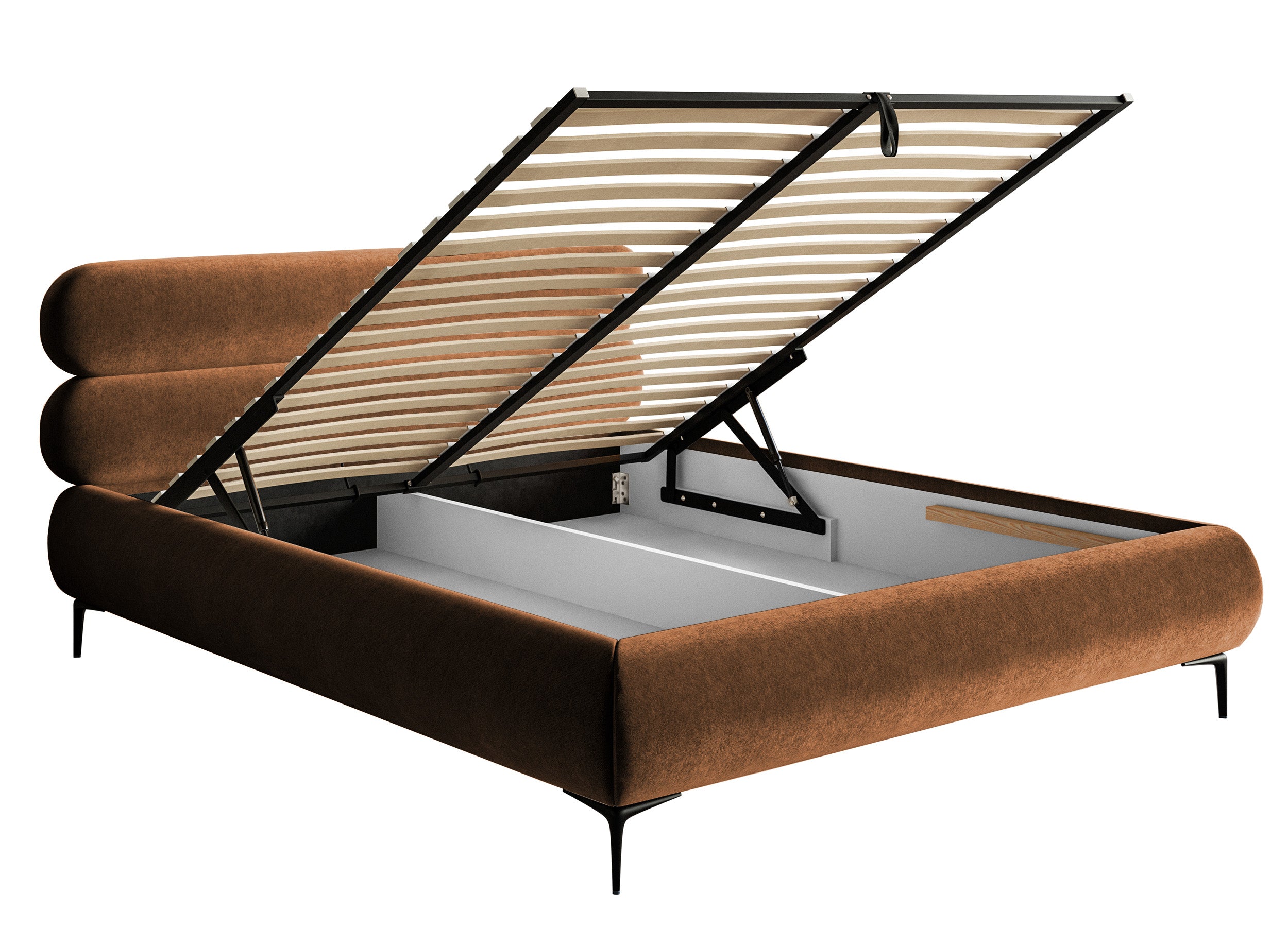 Gepolstertes Bett 160x200 cm Roule mit Stauraum, Metallrahmen, kupferfarbener Velours, wasserabweisend, schwarze Füße