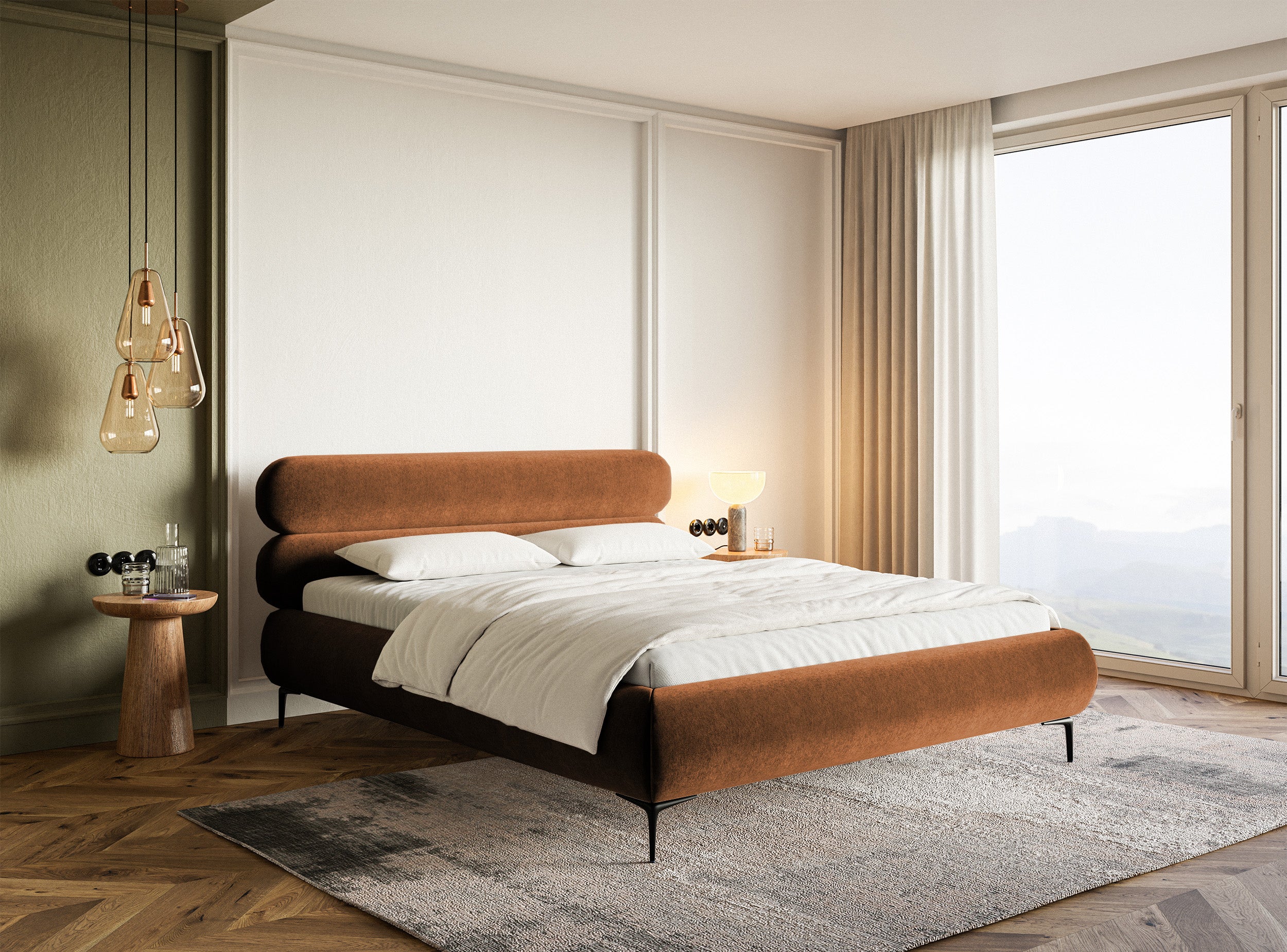 Gepolstertes Bett 160x200 cm Roule mit Stauraum, Metallrahmen, kupferfarbener Velours, wasserabweisend, schwarze Füße