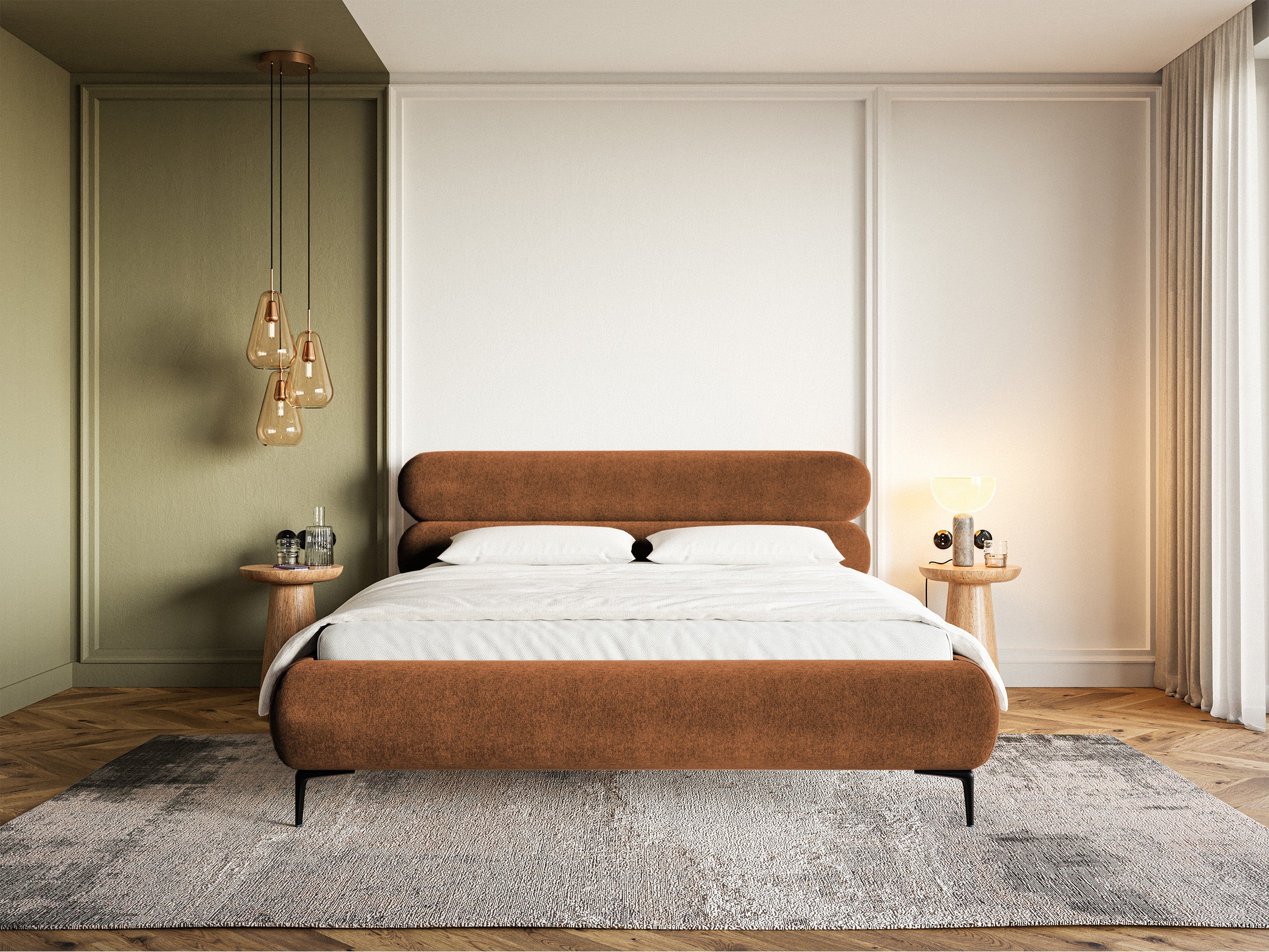 Polsterbett 140x200 cm Roule kupferfarbener Velours, wasserabweisend, goldene Beine