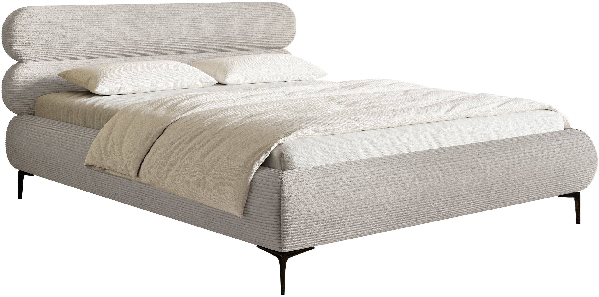 Gepolstertes Bett 140x200 cm Roule Cord grau-beige Cord Stoff schwarze Beine