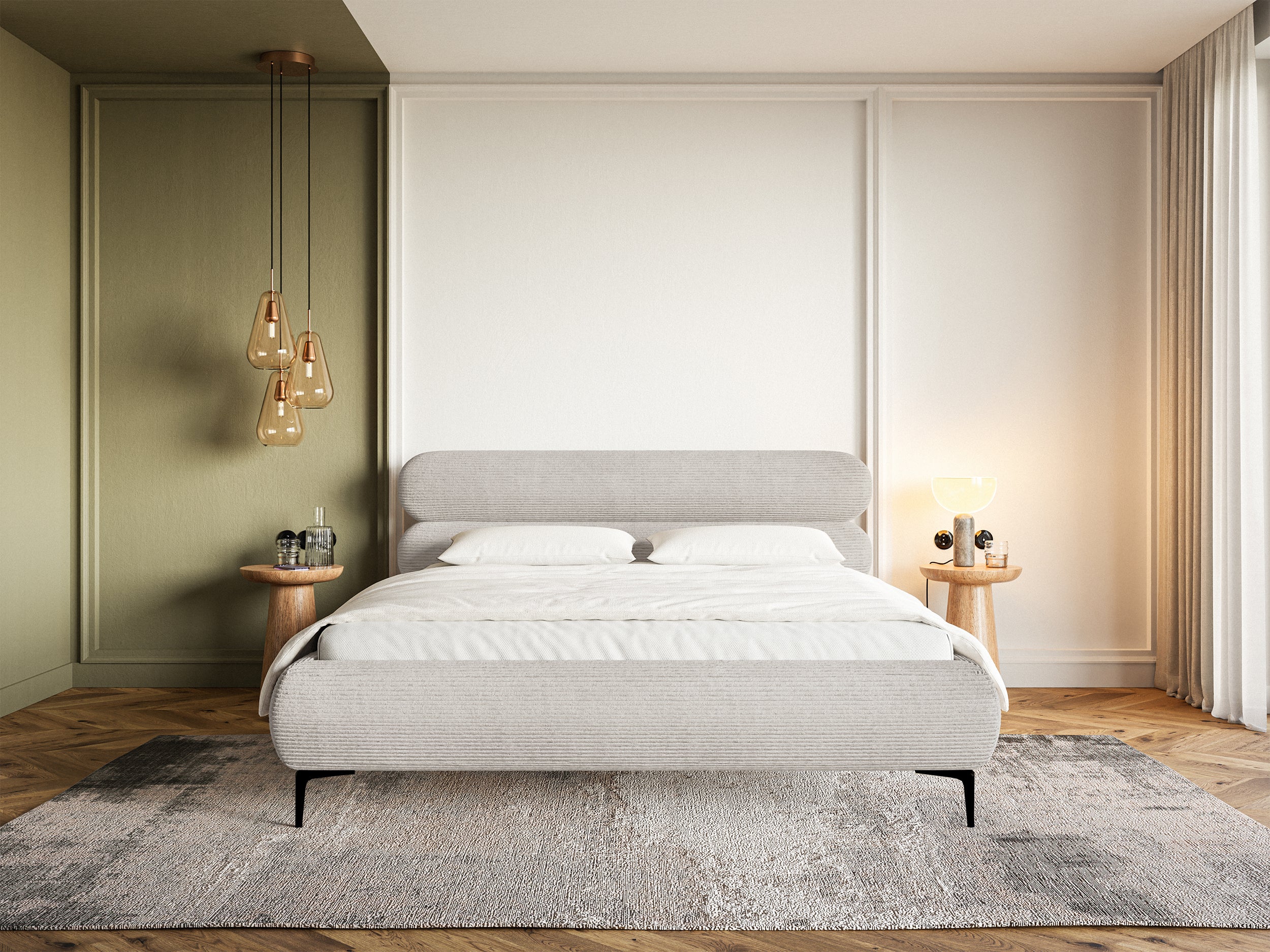 Gepolstertes Bett 140x200 cm Roule Cord grau-beige Cord Stoff schwarze Beine