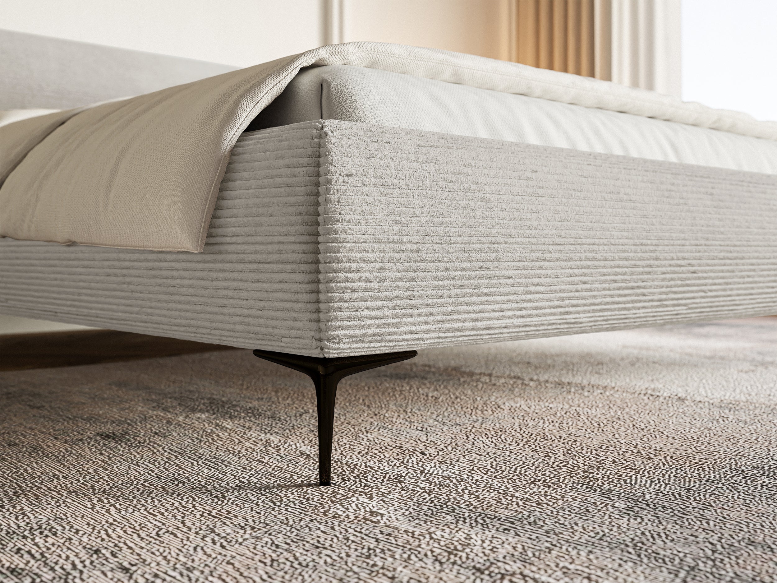 Gepolstertes Bett 140x200 cm Roule Cord grau-beige Cord Stoff schwarze Beine