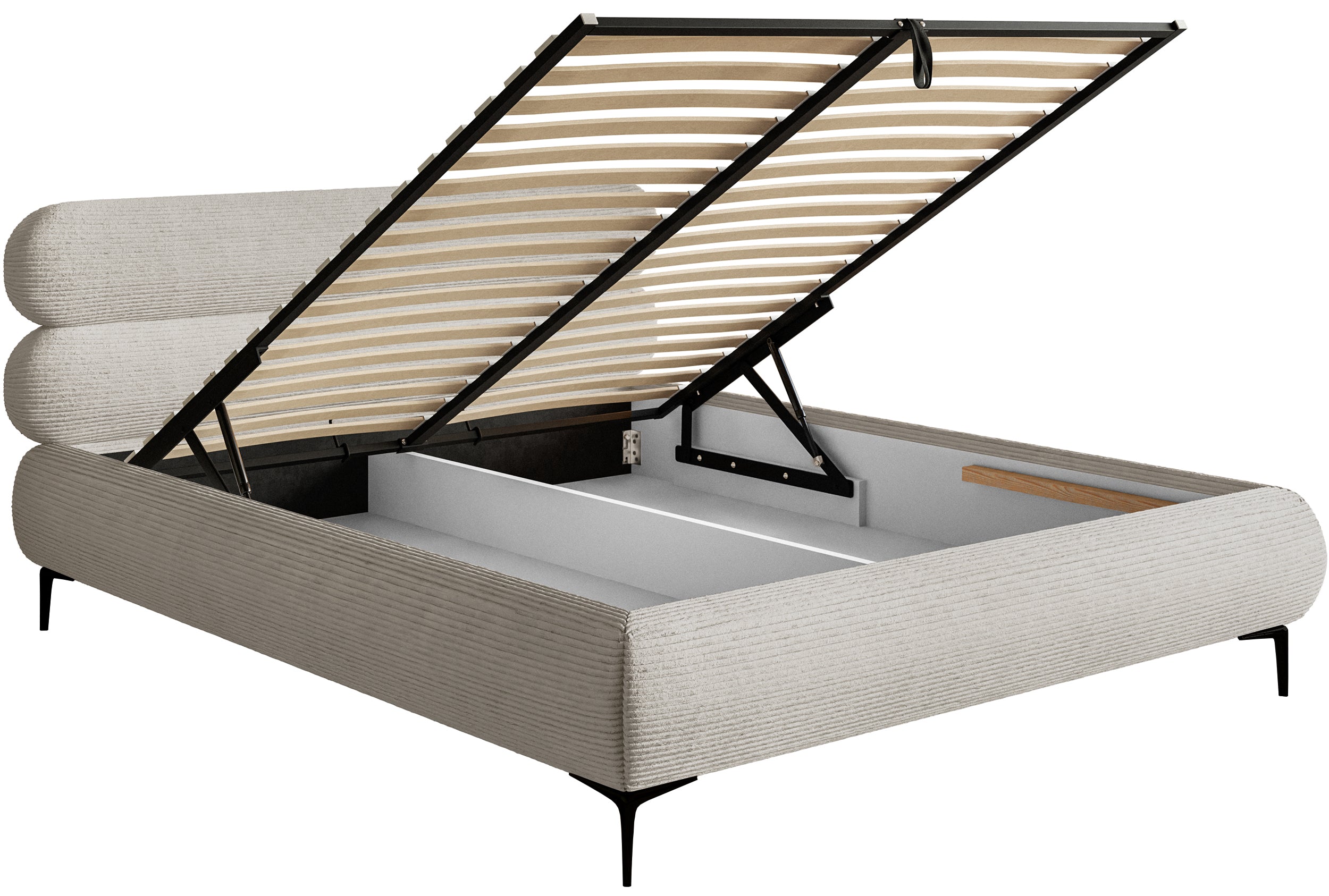 Gepolstertes Bett 160x200 cm Roule Cord mit Stauraum, Metallrahmen, grau-beiges Cordstoff, schwarze Füße