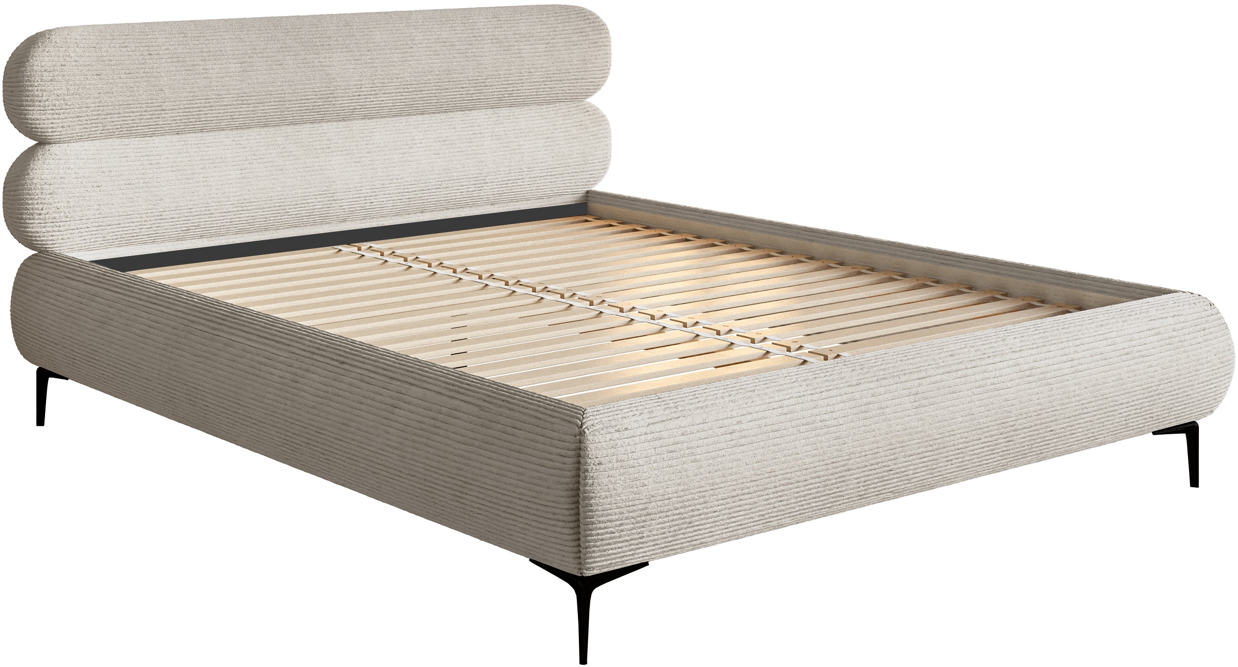 Gepolstertes Bett 140x200 cm Roule Cord grau-beige Cord Stoff schwarze Beine