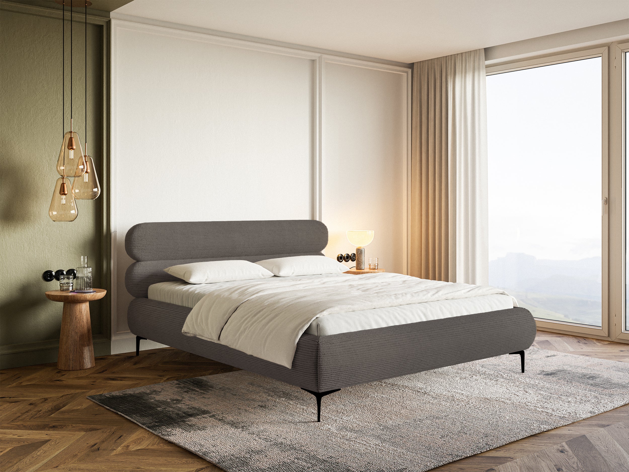 Gepolstertes Bett 180x200 cm Roule Cord grau Cordstoff schwarze Beine