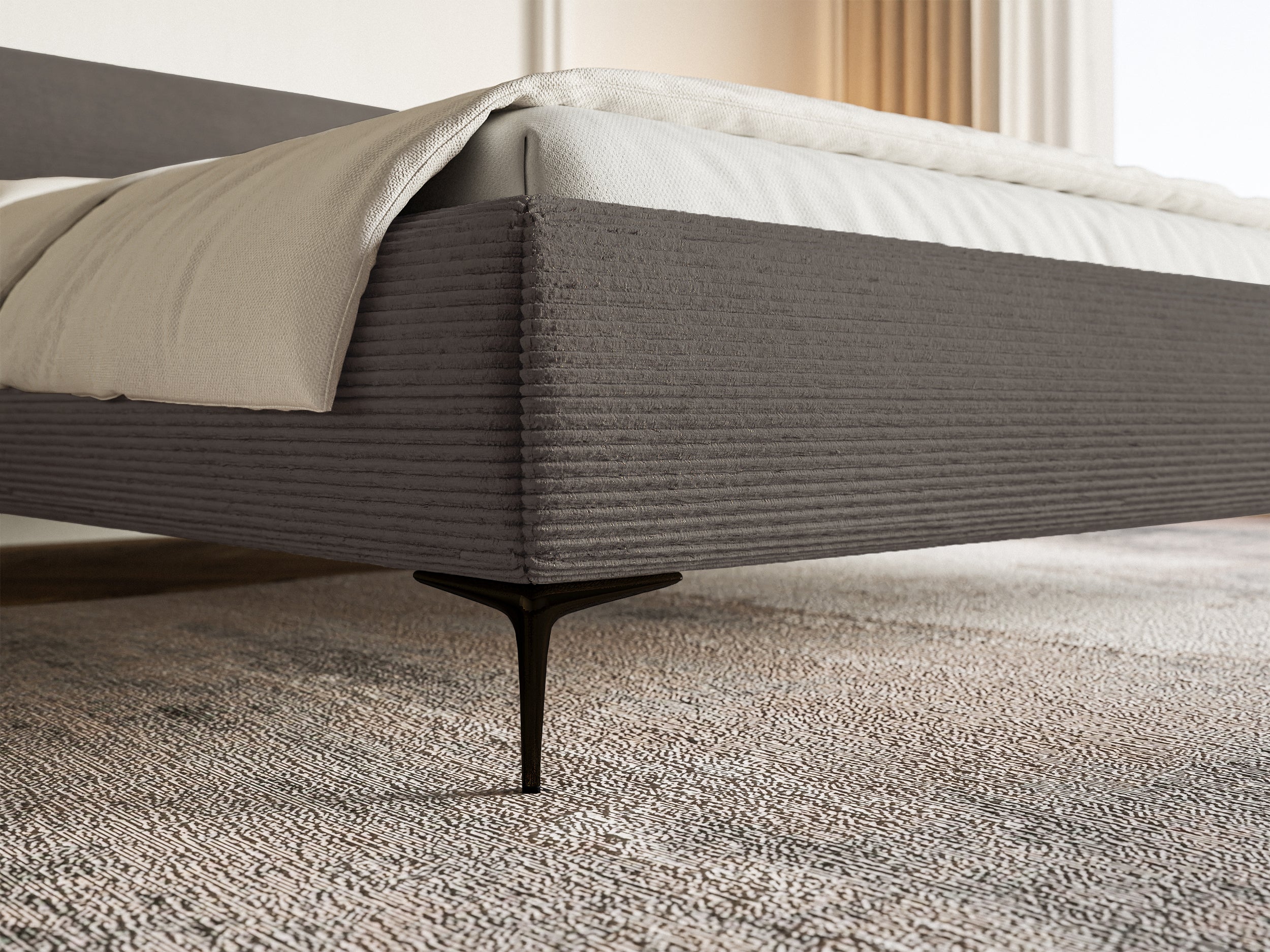 Gepolstertes Bett 180x200 cm Roule Cord grau Cordstoff schwarze Beine