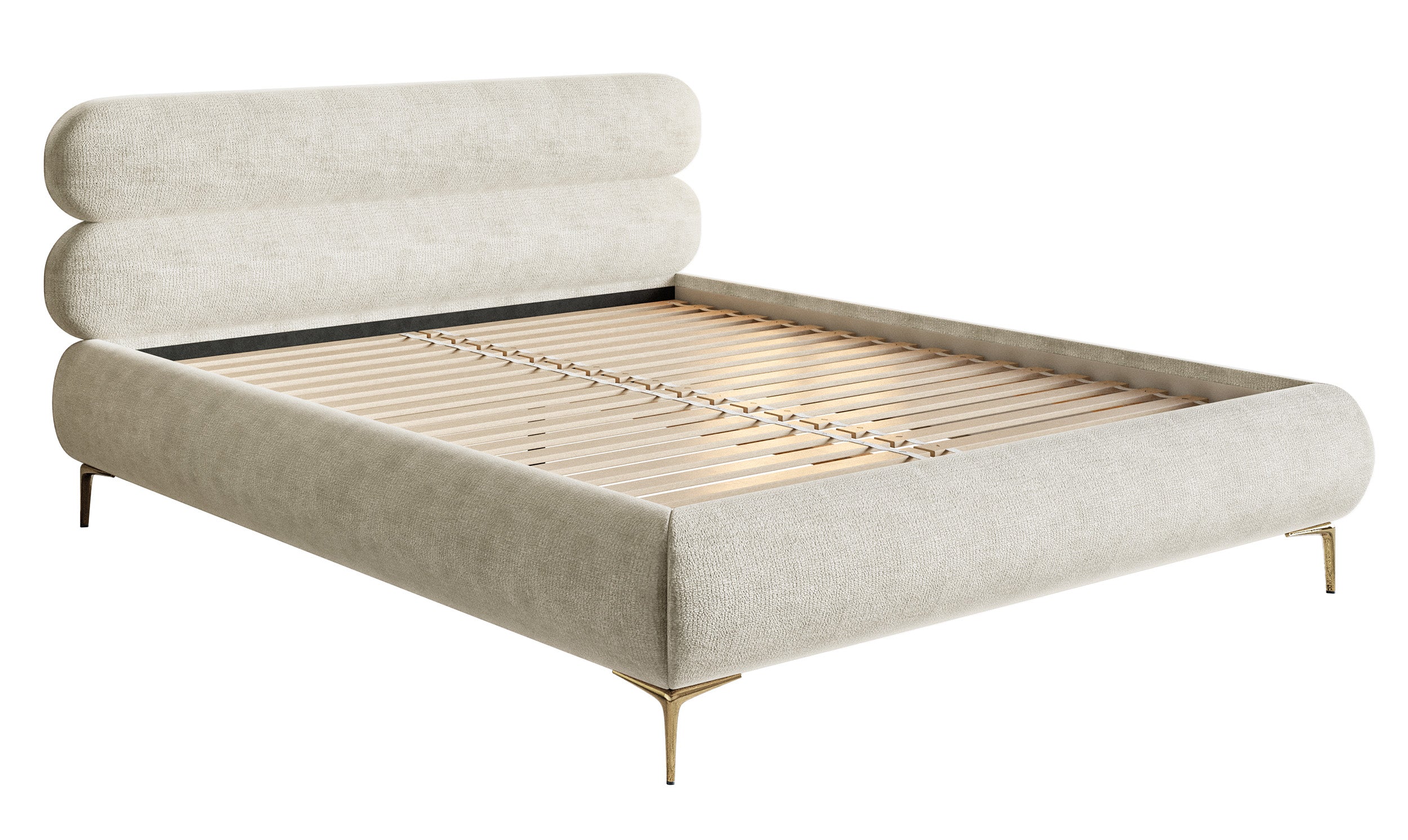 Polsterbett 160x200 cm Roule in grau-beigem Chenille mit goldenen Beinen