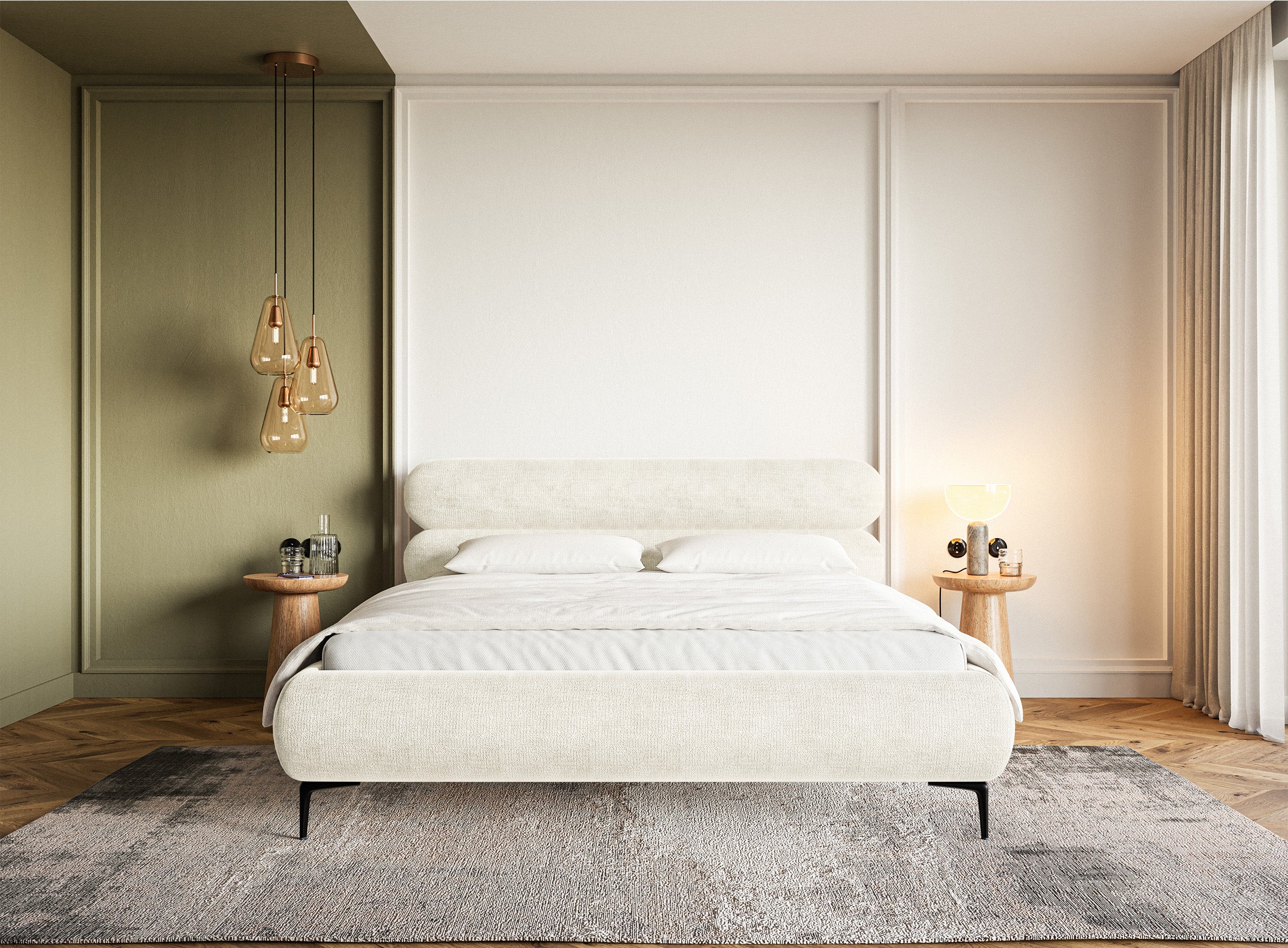 Polsterbett 160x200 cm Roule mit Stauraum, Metallrahmen, cremefarbenes Chenille, schwarze Beine
