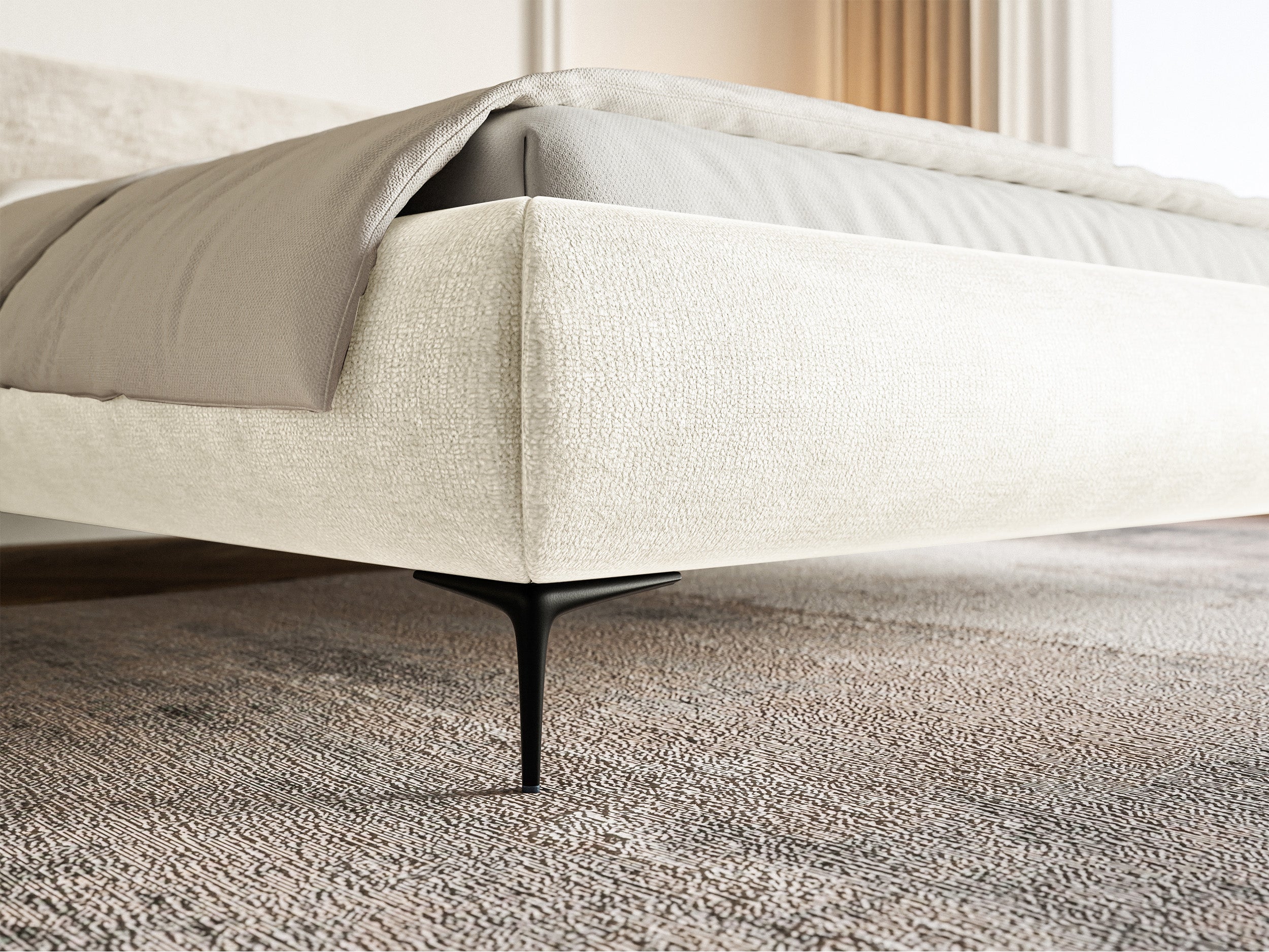 Polsterbett 160x200 cm Roule mit Stauraum, Metallrahmen, cremefarbenes Chenille, schwarze Beine