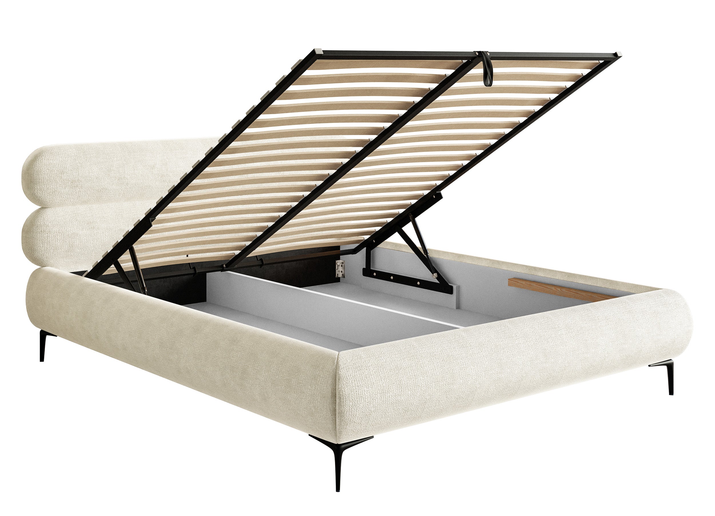 Polsterbett 160x200 cm Roule mit Stauraum, Metallrahmen, cremefarbenes Chenille, schwarze Beine