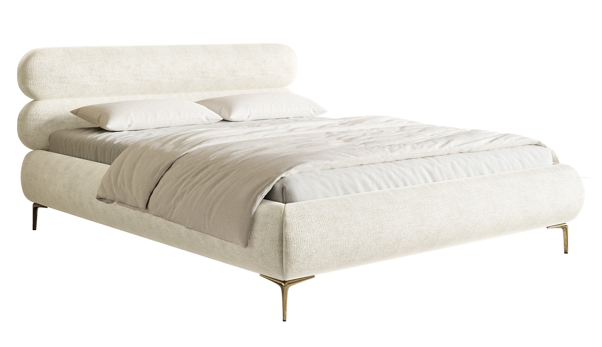 Polsterbett 140x200 cm Roule mit Stauraum, Metallrahmen, cremefarbenes Chenille, goldene Beine