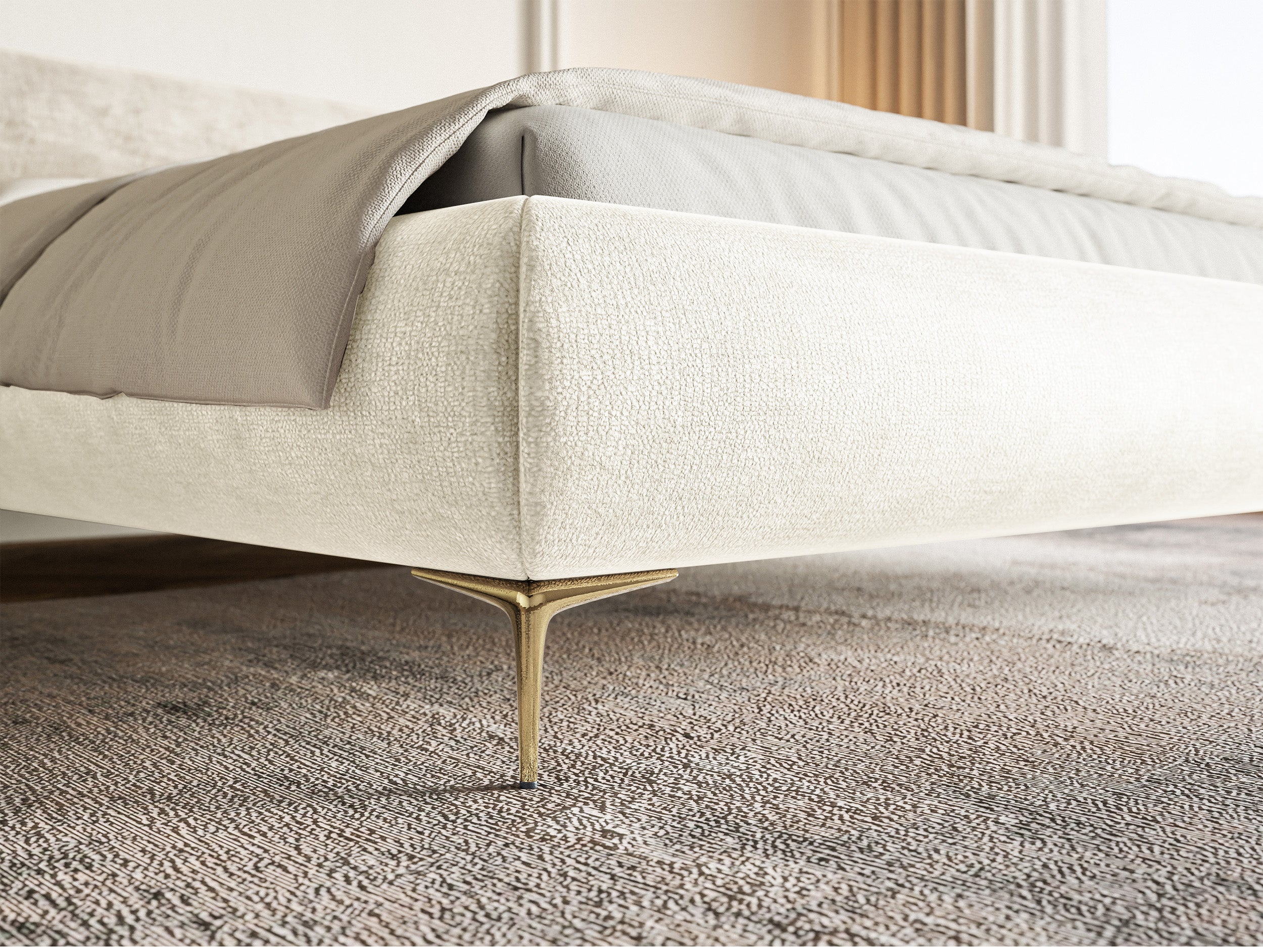 Polsterbett 140x200 cm Roule mit Stauraum, Metallrahmen, cremefarbenes Chenille, goldene Beine