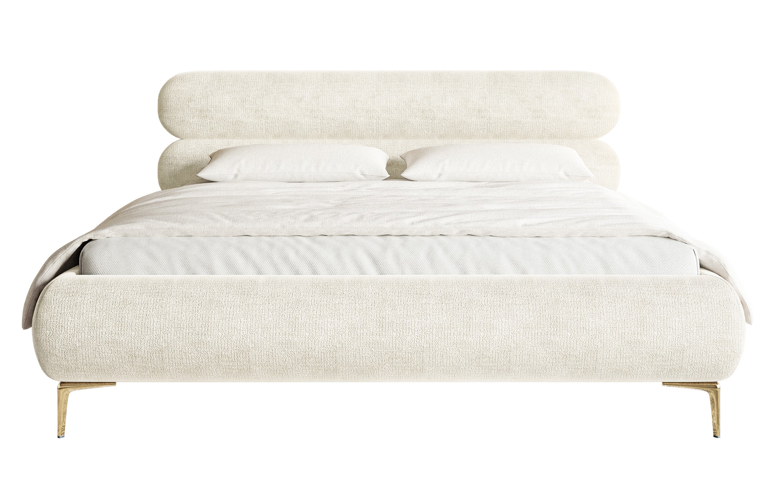 Polsterbett 140x200 cm Roule mit Stauraum, Metallrahmen, cremefarbenes Chenille, goldene Beine