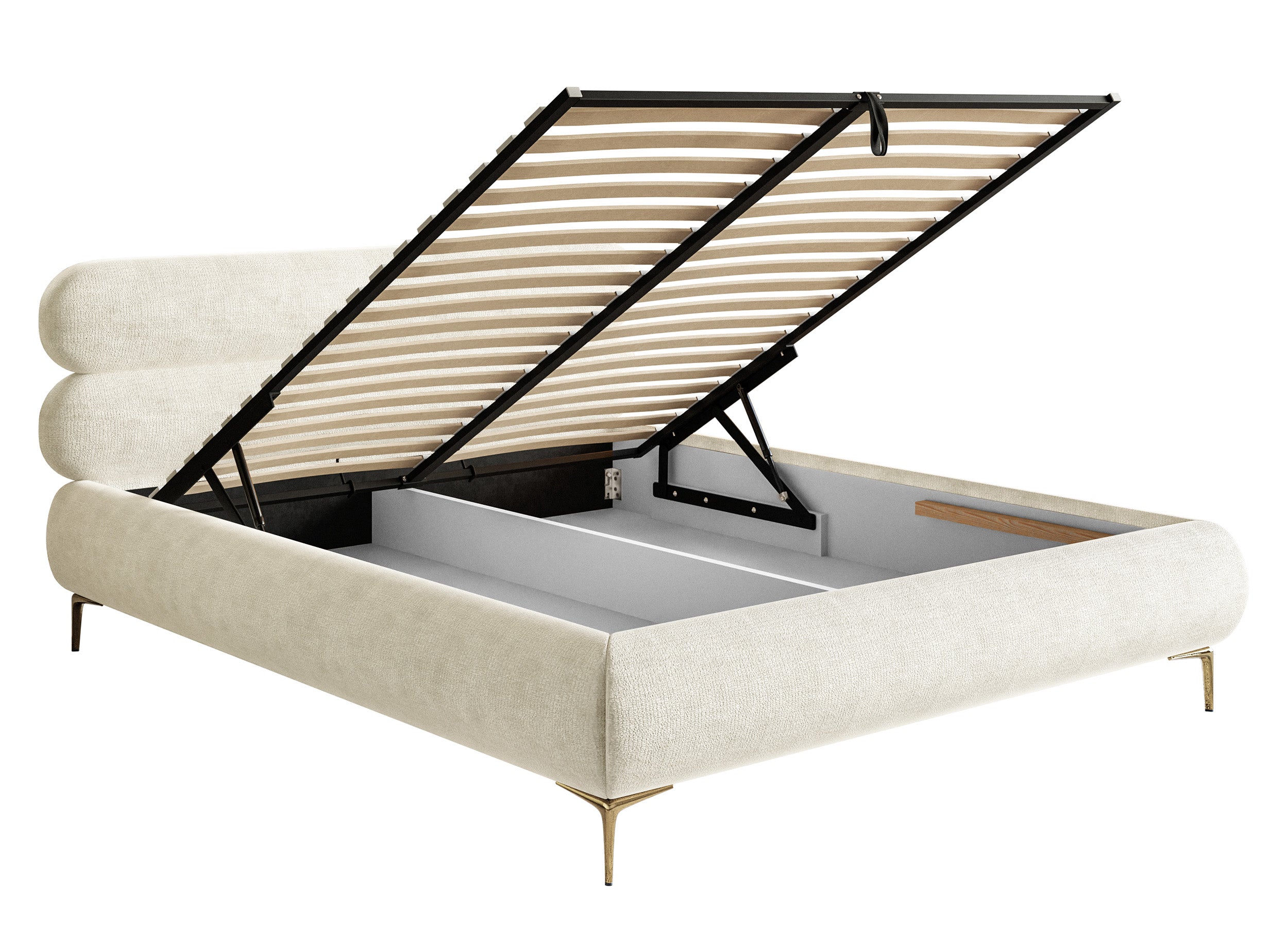 Polsterbett 140x200 cm Roule mit Stauraum, Metallrahmen, cremefarbenes Chenille, goldene Beine