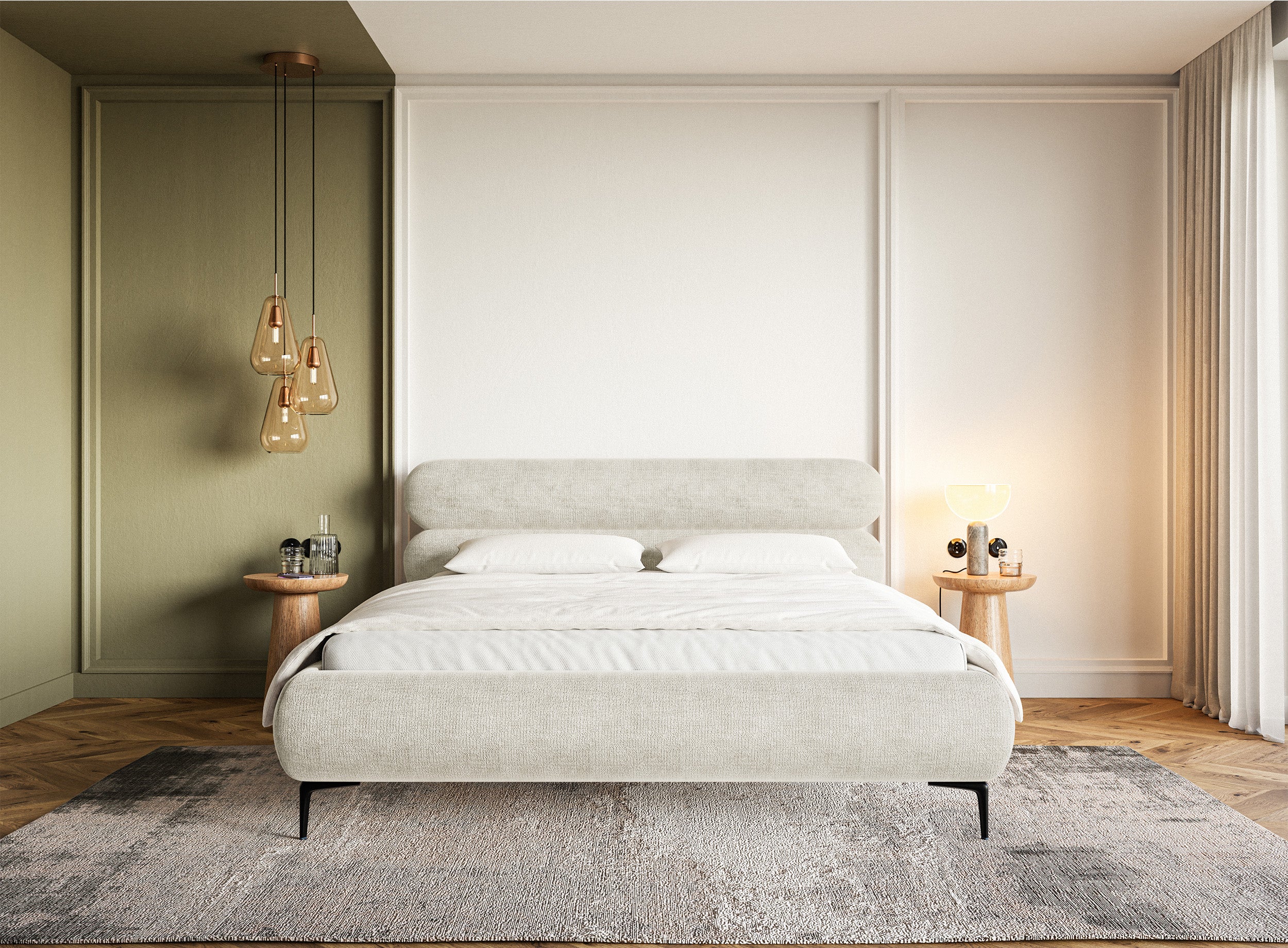 Polsterbett 140x200 cm Roule mit Stauraum, Metallrahmen, hellbeige-grauer Chenille-Stoff, schwarze Beine