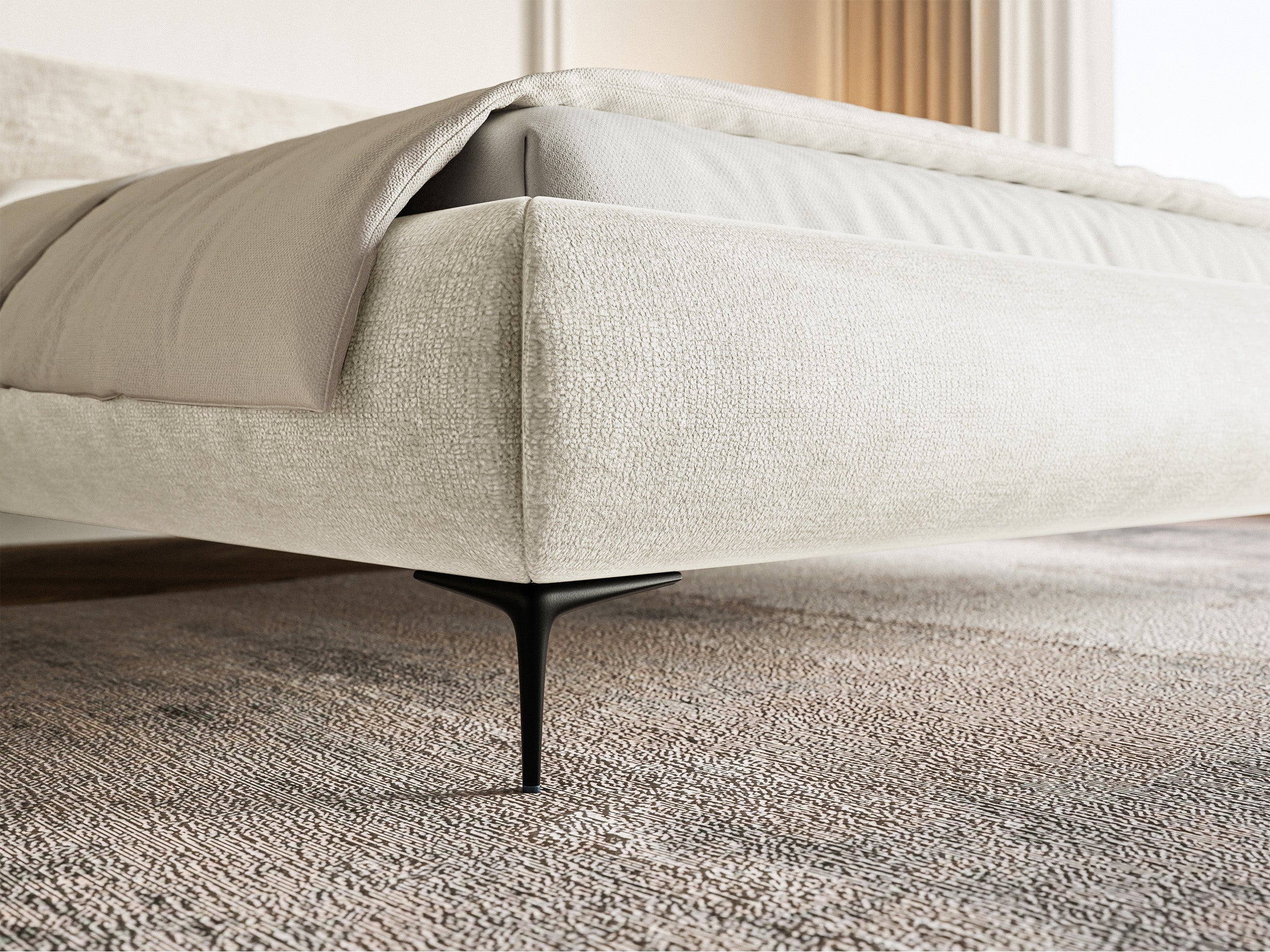 Polsterbett 140x200 cm Roule mit Stauraum, Metallrahmen, hellbeige-grauer Chenille-Stoff, schwarze Beine