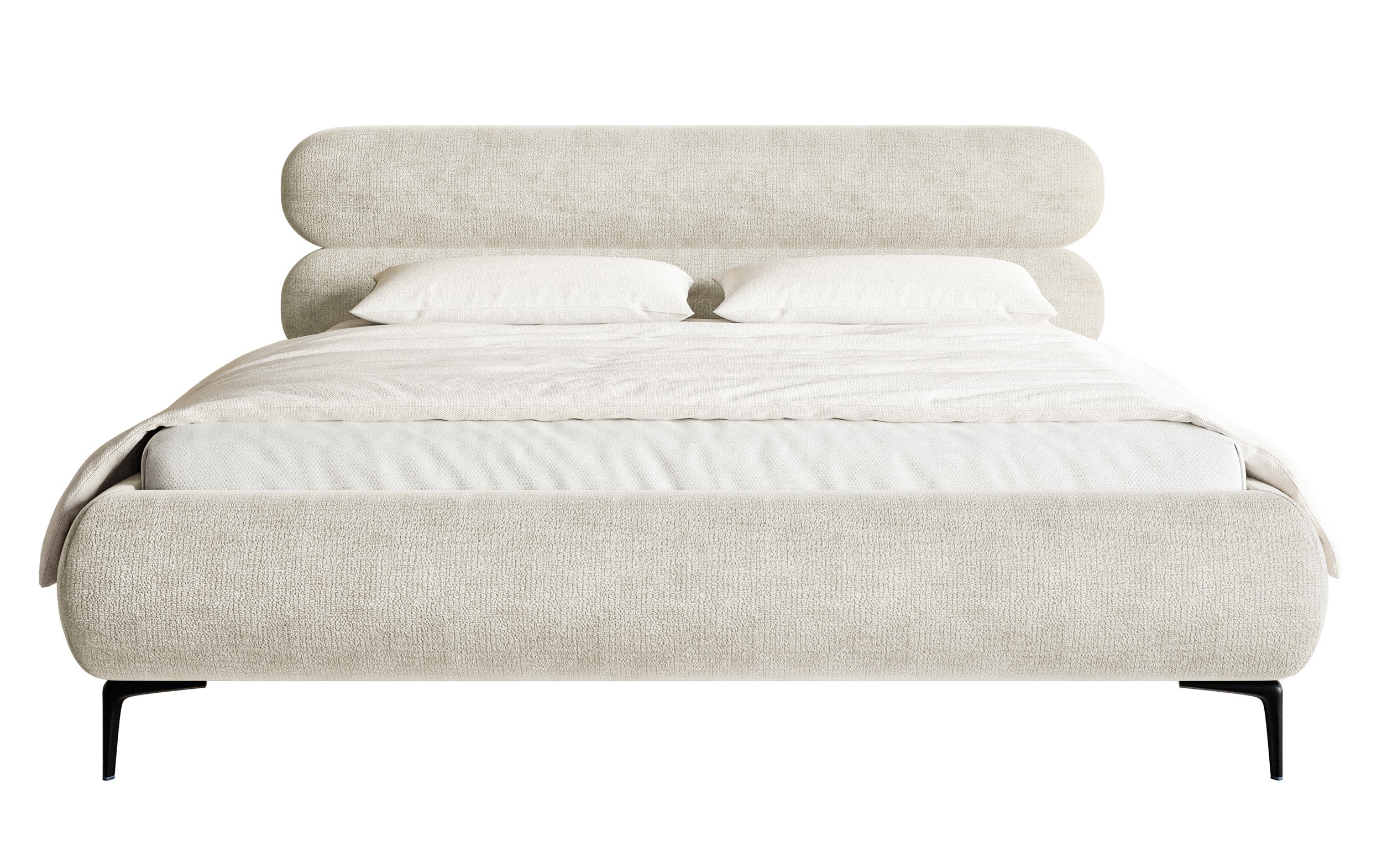 Polsterbett 140x200 cm Roule mit Stauraum, Metallrahmen, hellbeige-grauer Chenille-Stoff, schwarze Beine