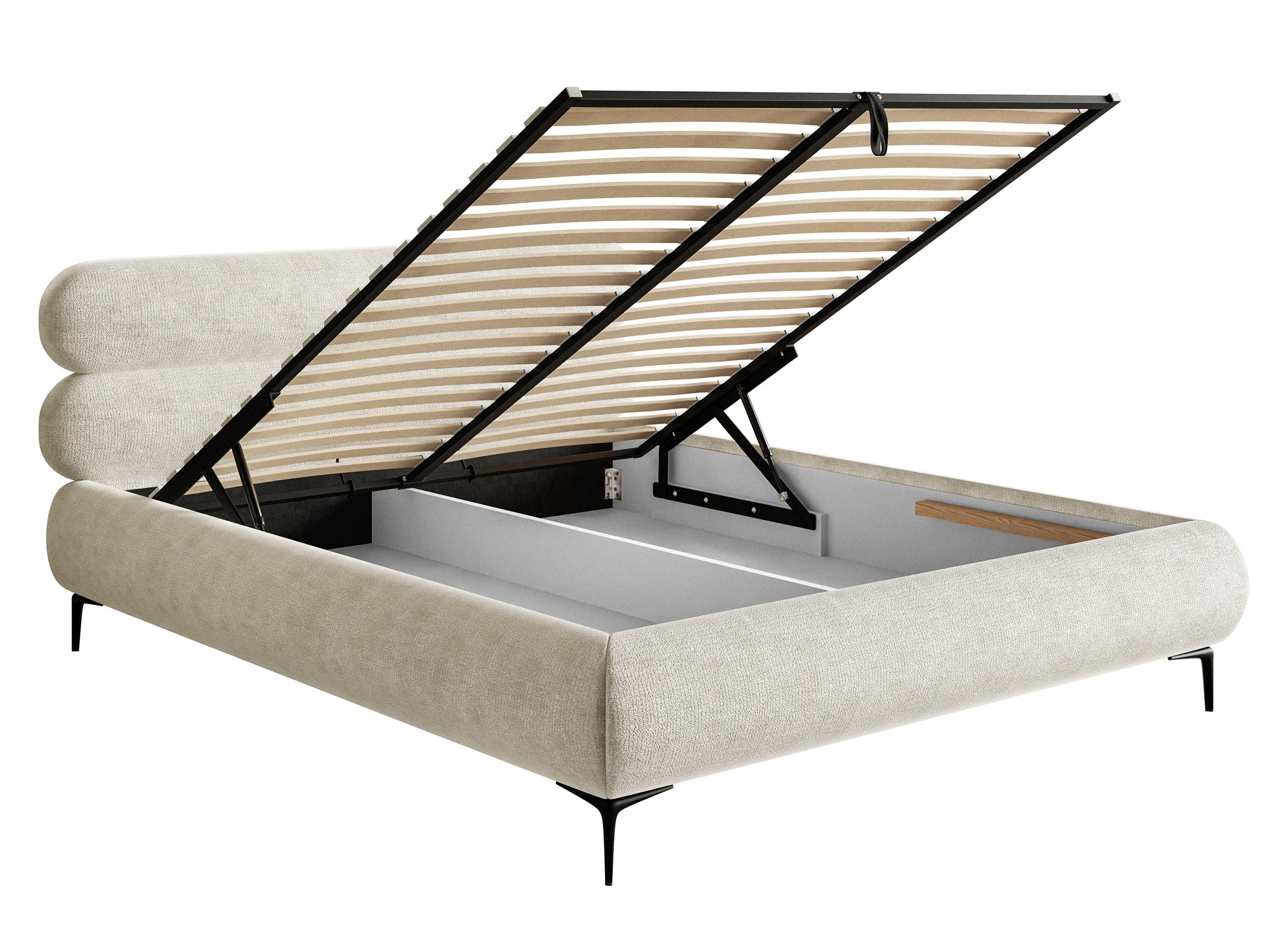 Polsterbett 140x200 cm Roule mit Stauraum, Metallrahmen, hellbeige-grauer Chenille-Stoff, schwarze Beine