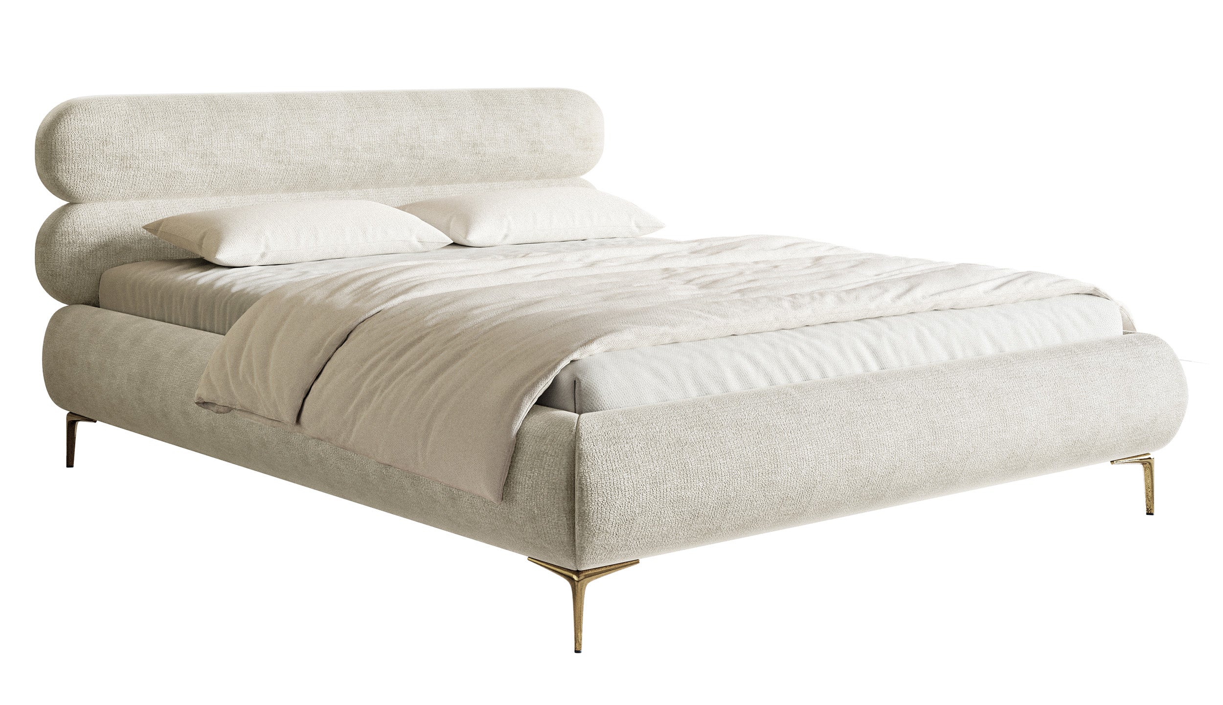 Polsterbett 160x200 cm Roule in grau-beigem Chenille mit goldenen Beinen