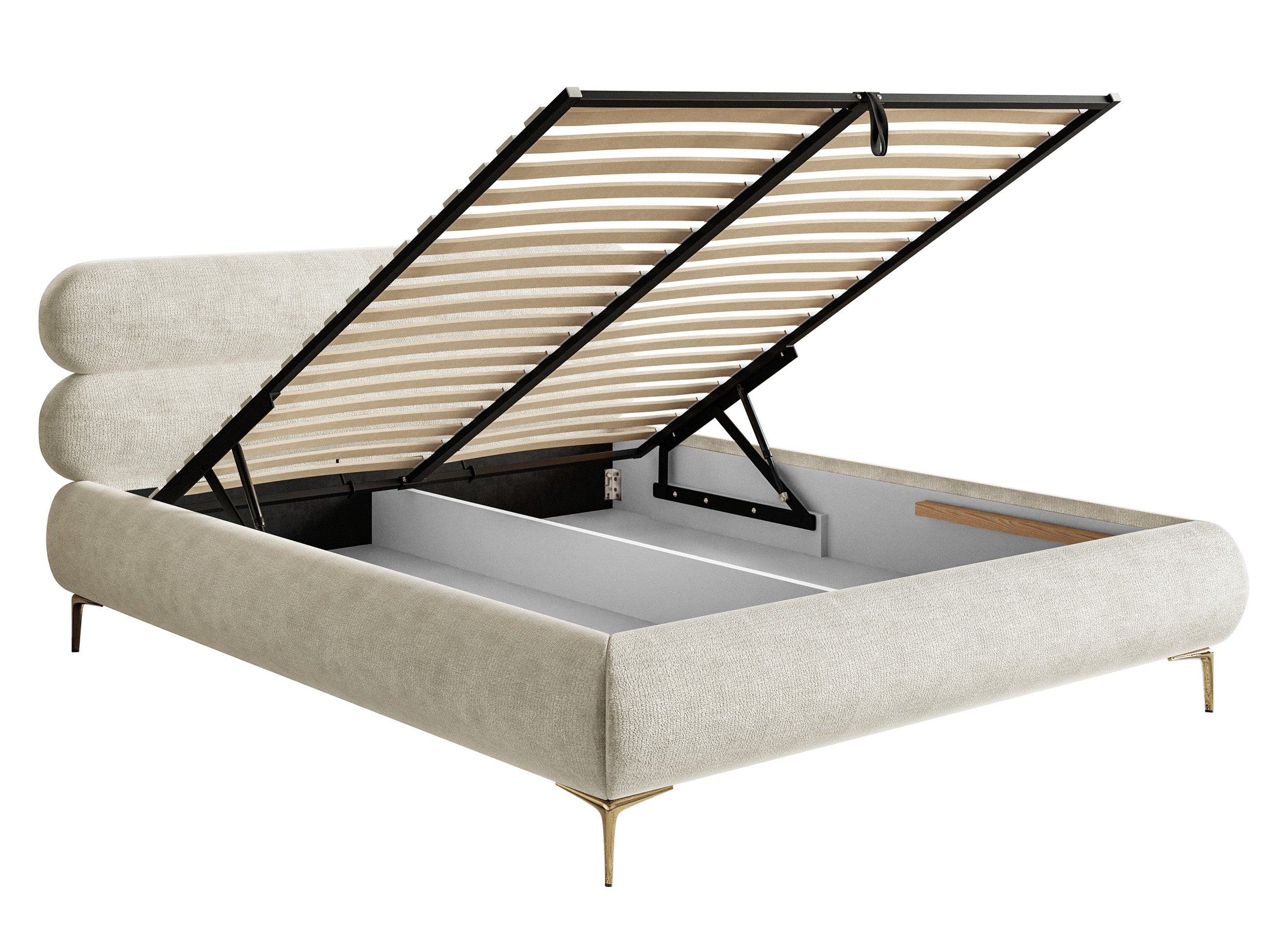 Polsterbett 140x200 cm Roule mit Stauraum, Metallrahmen, grau-beiges Chenille, goldene Beine