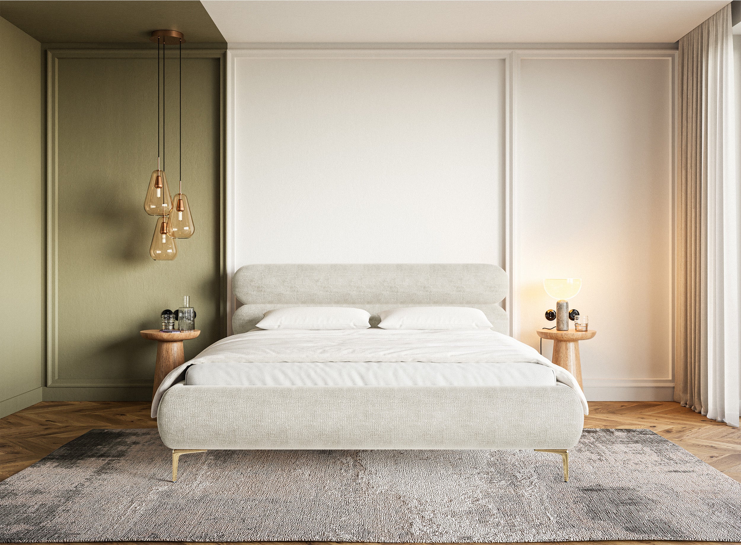 Polsterbett 160x200 cm Roule in grau-beigem Chenille mit goldenen Beinen