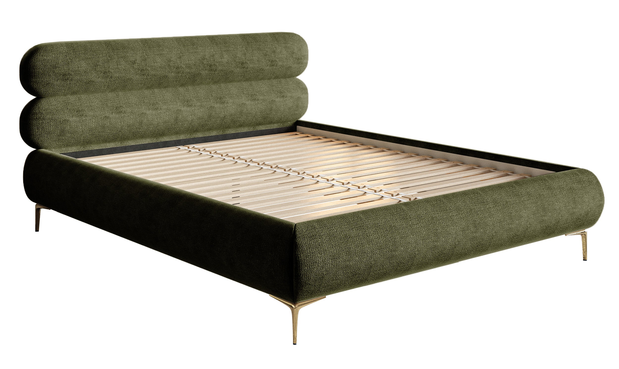 Polsterbett 180x200 cm Roule olivgrüner Chenille mit goldenen Beinen