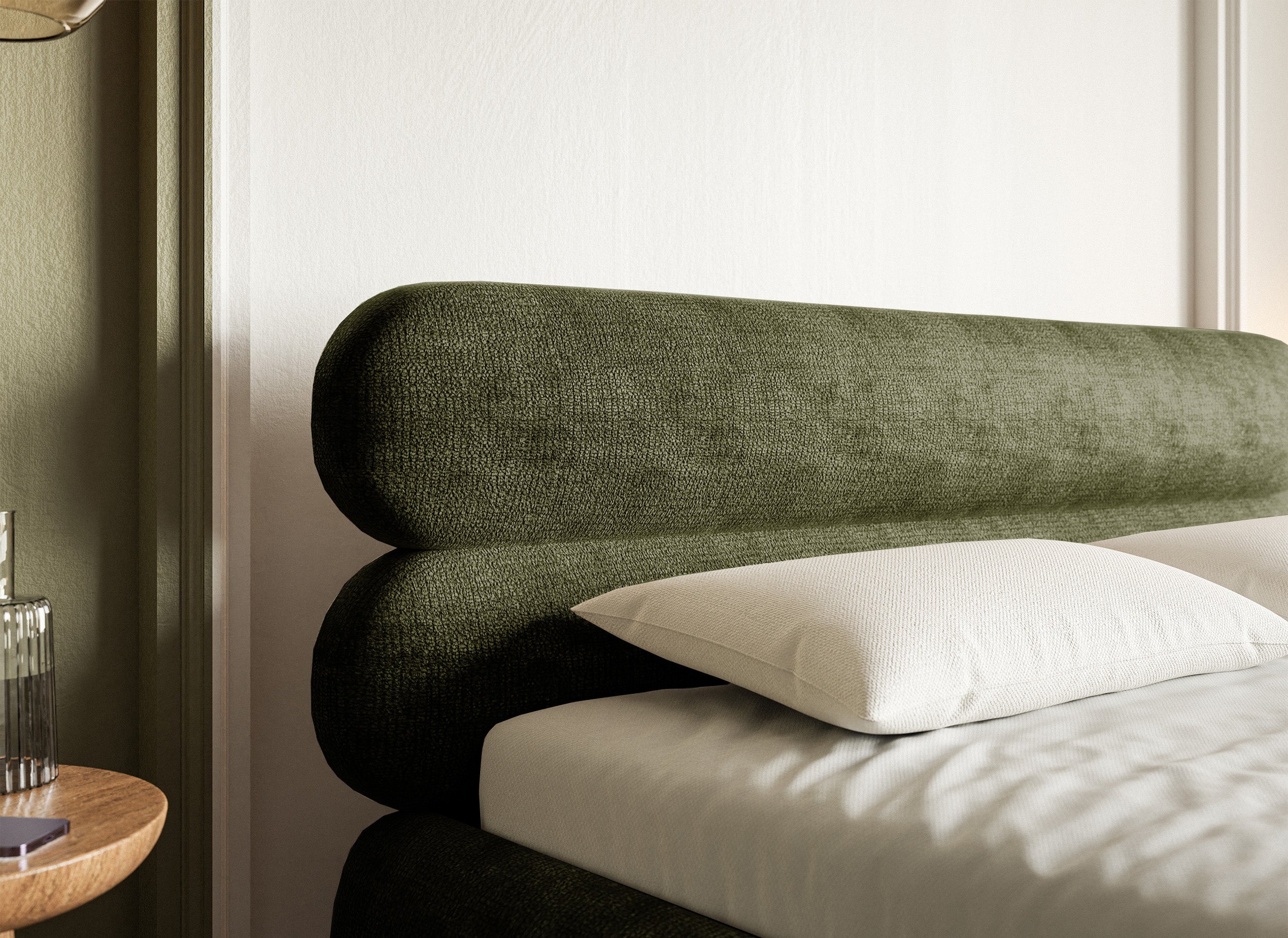 Polsterbett 180x200 cm Roule mit Stauraum, Metallrahmen, olivfarbenes Chenille, schwarze Beine