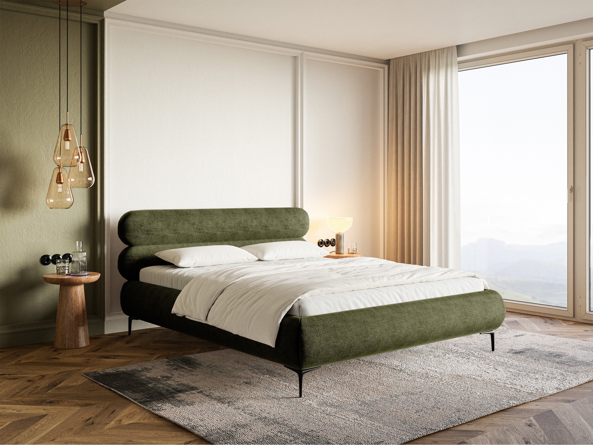 Polsterbett 180x200 cm Roule mit Stauraum, Metallrahmen, olivfarbenes Chenille, schwarze Beine