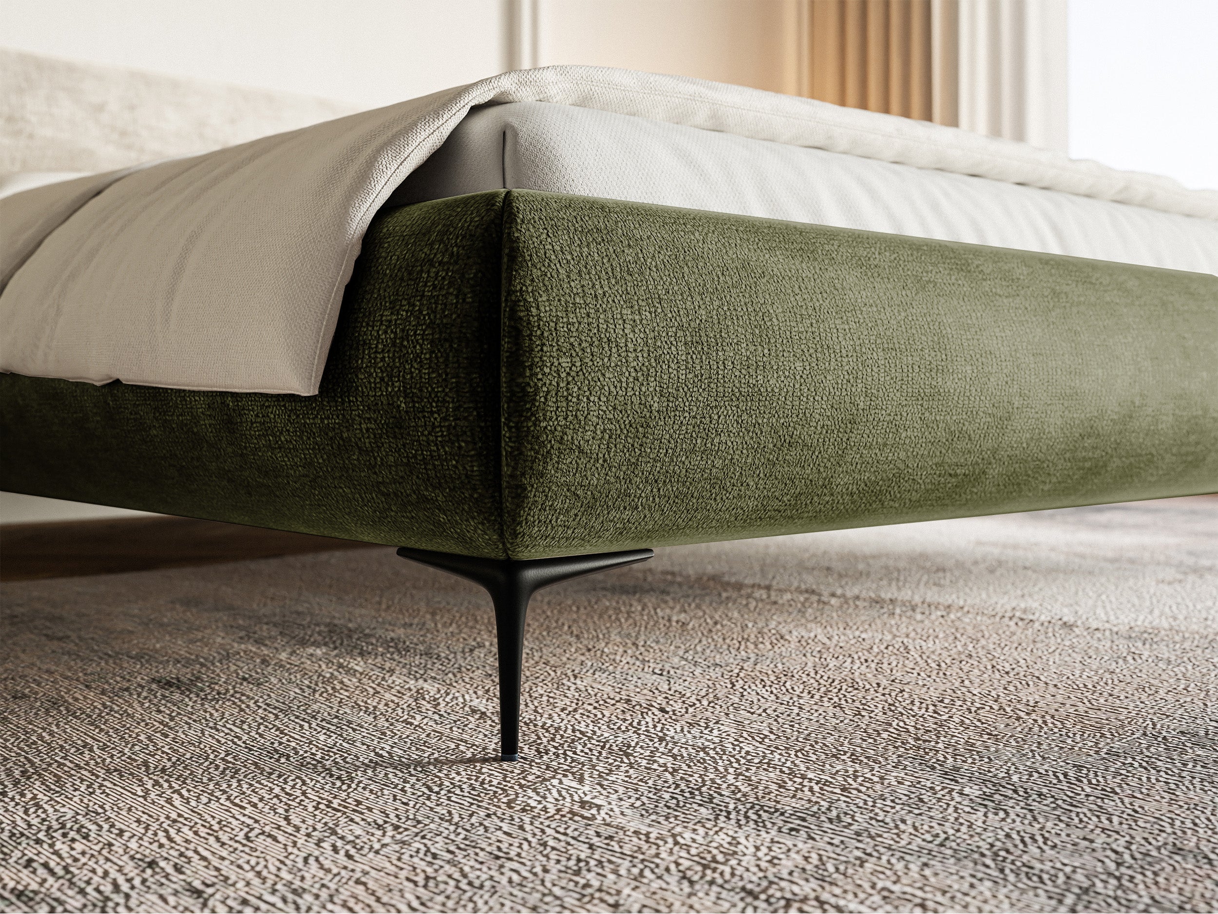 Polsterbett 180x200 cm Roule mit Stauraum, Metallrahmen, olivfarbenes Chenille, schwarze Beine
