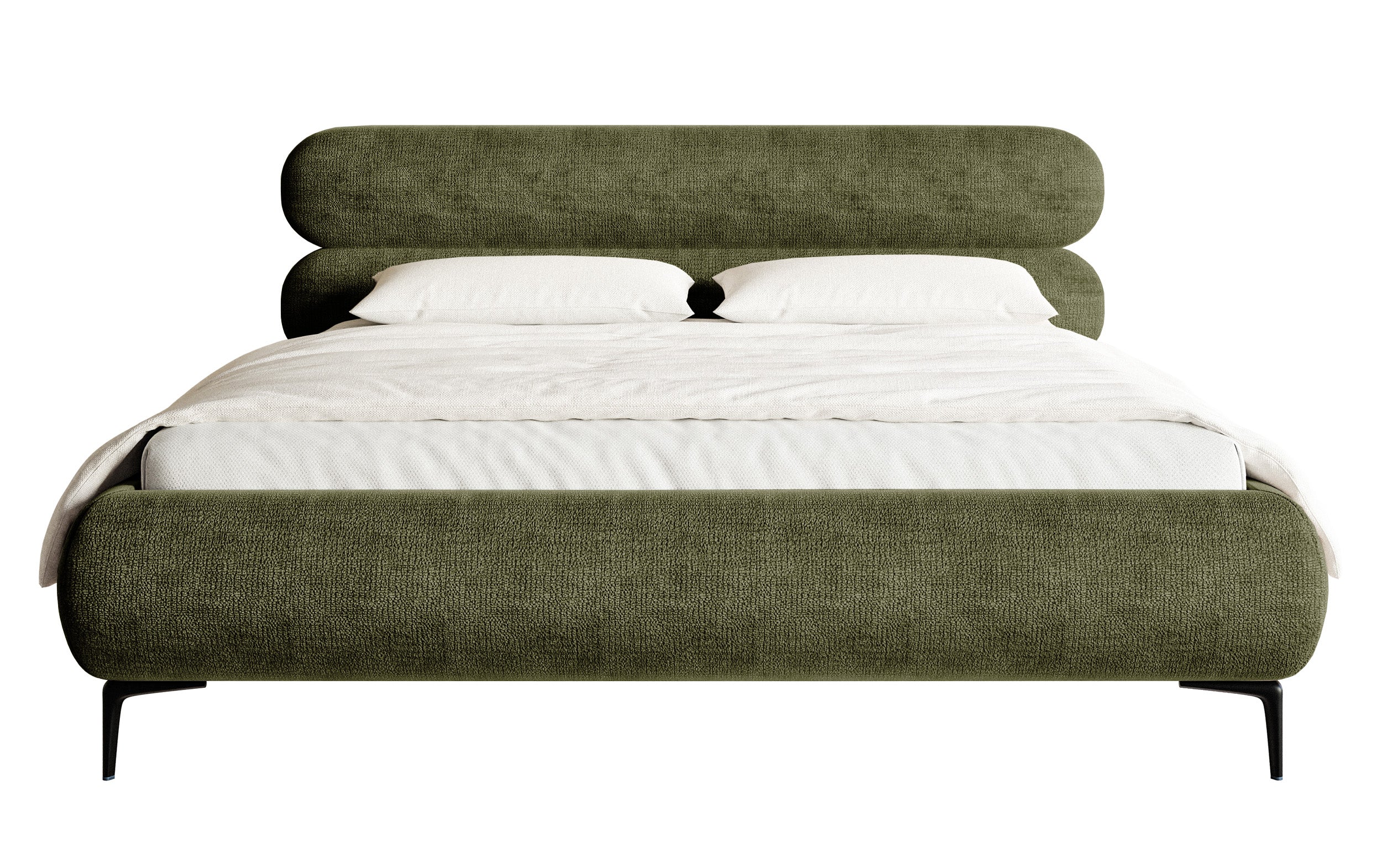 Polsterbett 180x200 cm Roule mit Stauraum, Metallrahmen, olivfarbenes Chenille, schwarze Beine