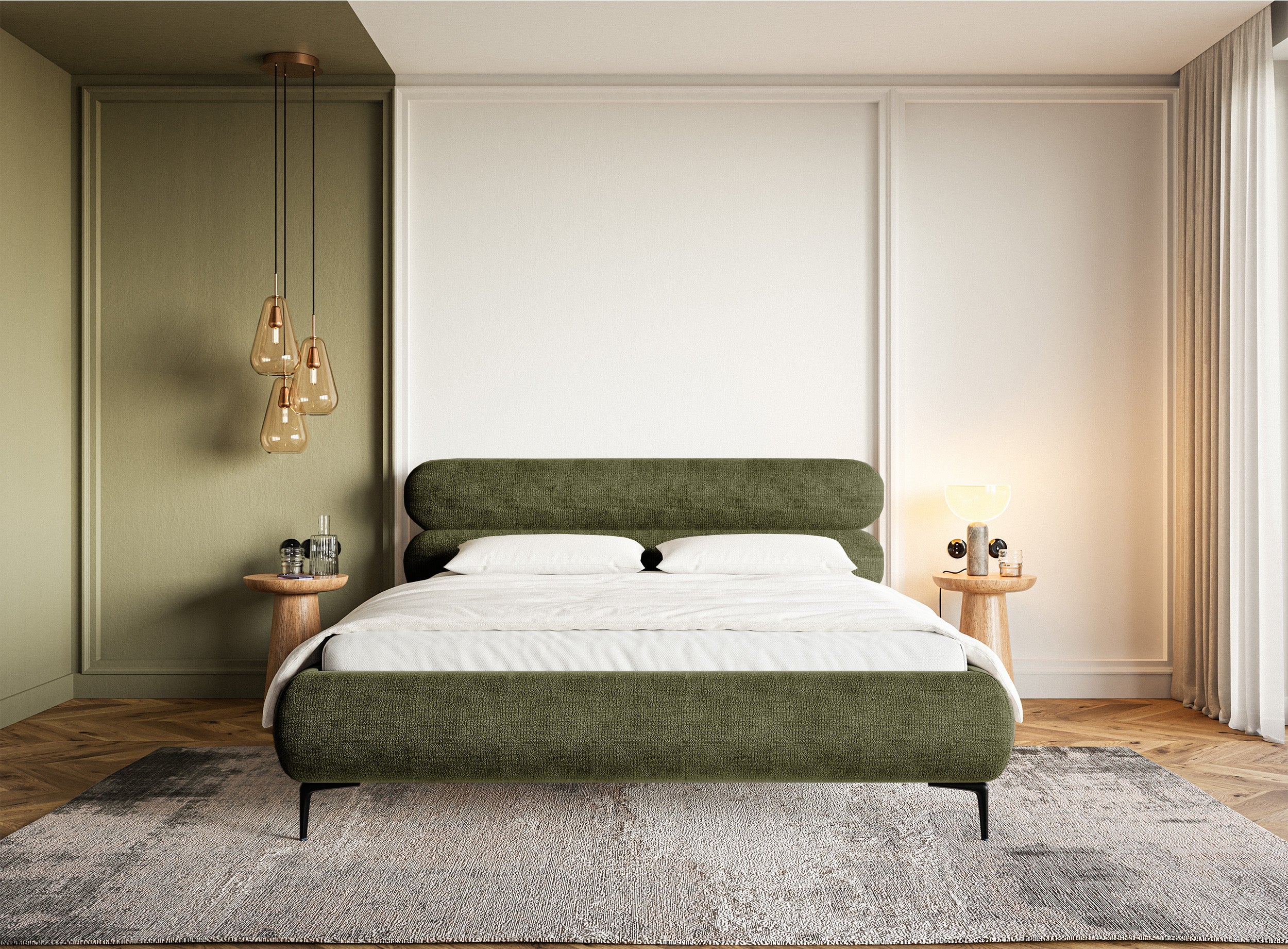 Polsterbett 180x200 cm Roule Oliv Chenille, schwarze Beine
