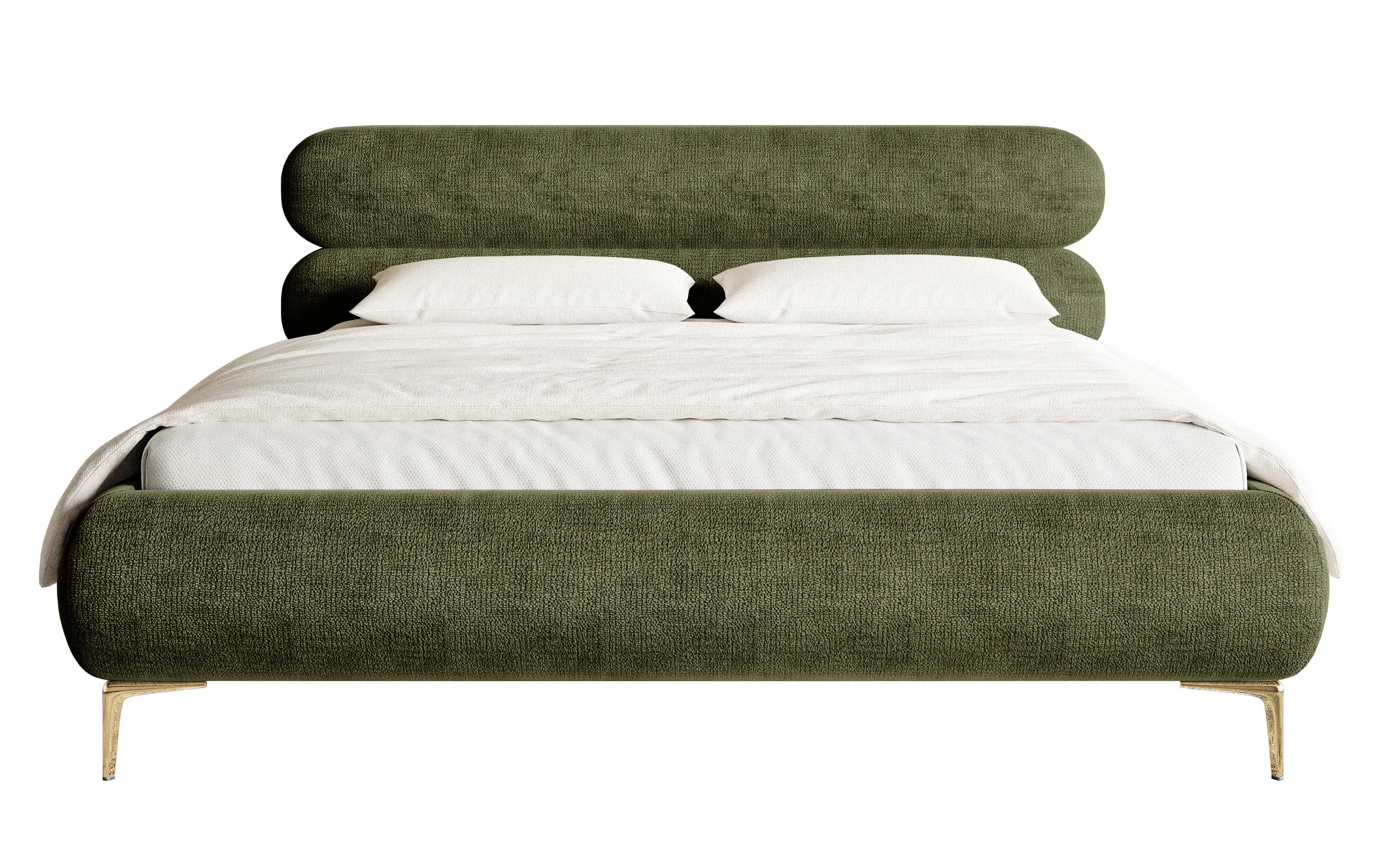 Polsterbett 160x200 cm Roule mit Stauraum, Metallrahmen, olivgrüner Chenille, goldene Füße