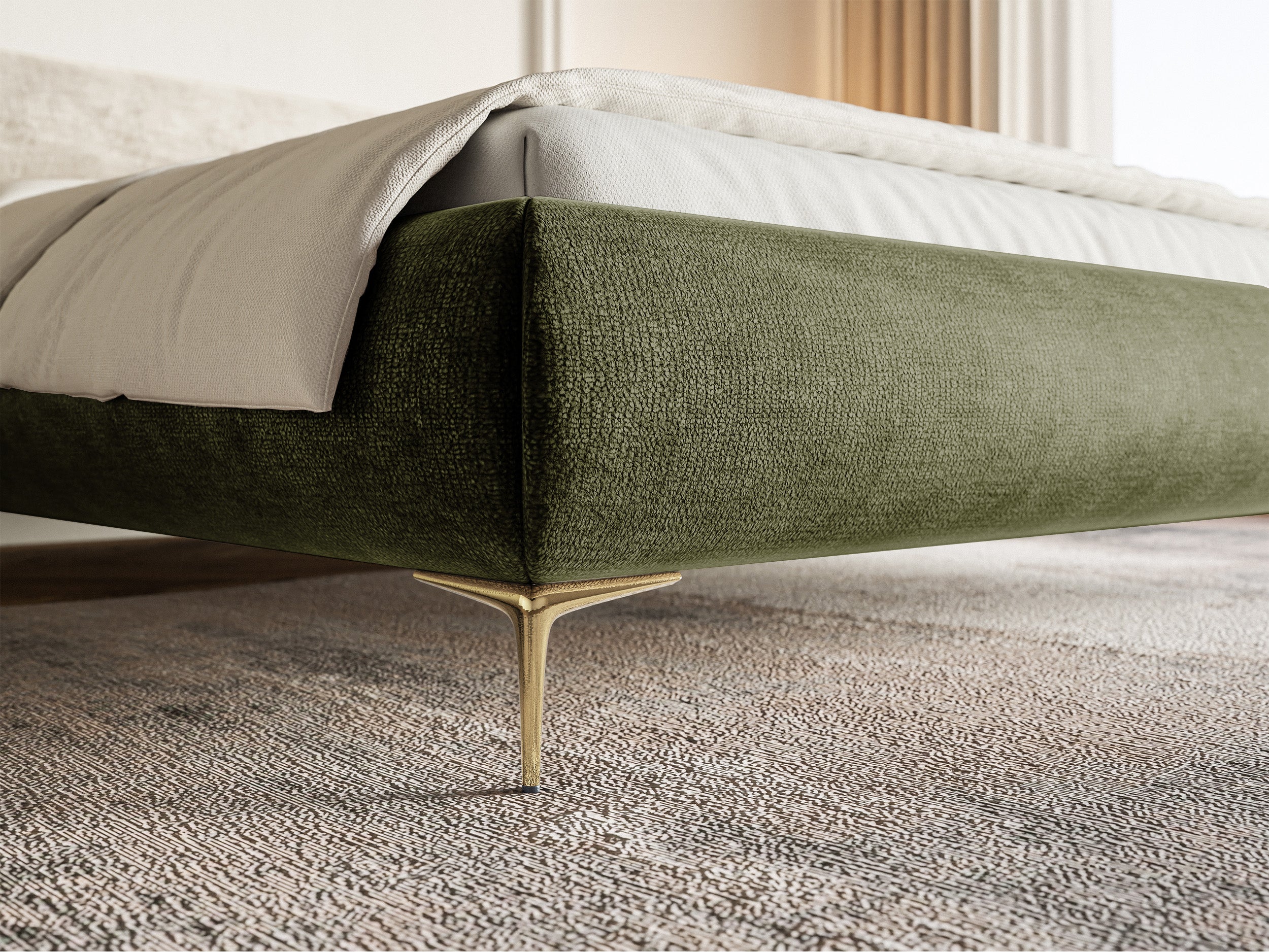 Polsterbett 180x200 cm Roule olivgrüner Chenille mit goldenen Beinen