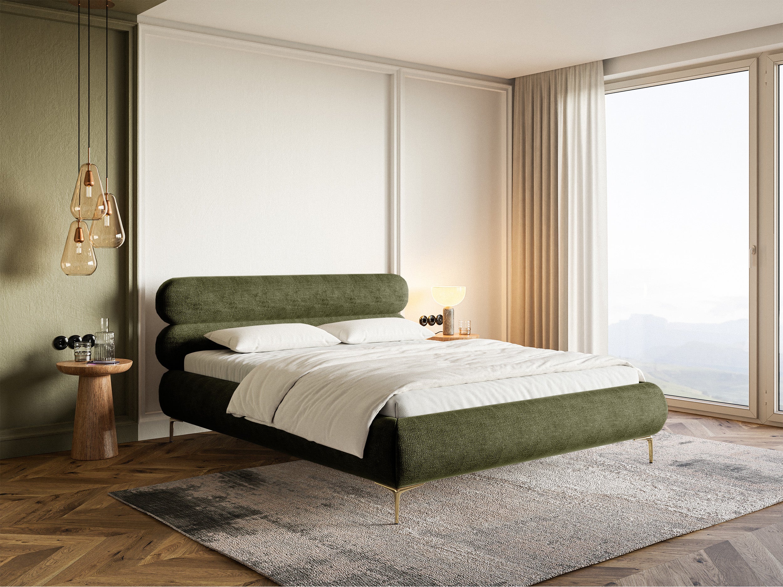 Polsterbett 180x200 cm Roule olivgrüner Chenille mit goldenen Beinen
