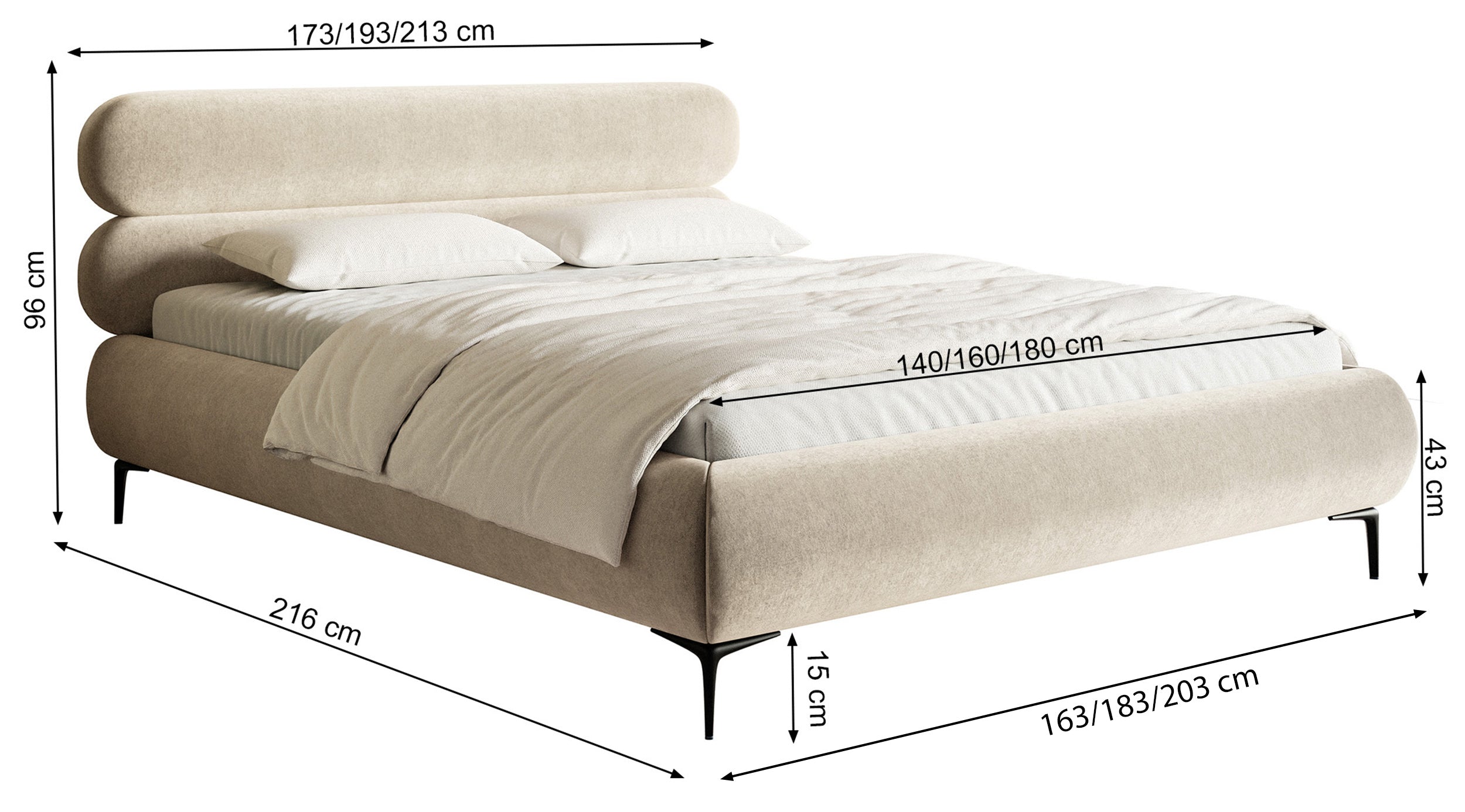 Polsterbett 160x200 cm Roule in grau-beigem Chenille mit goldenen Beinen