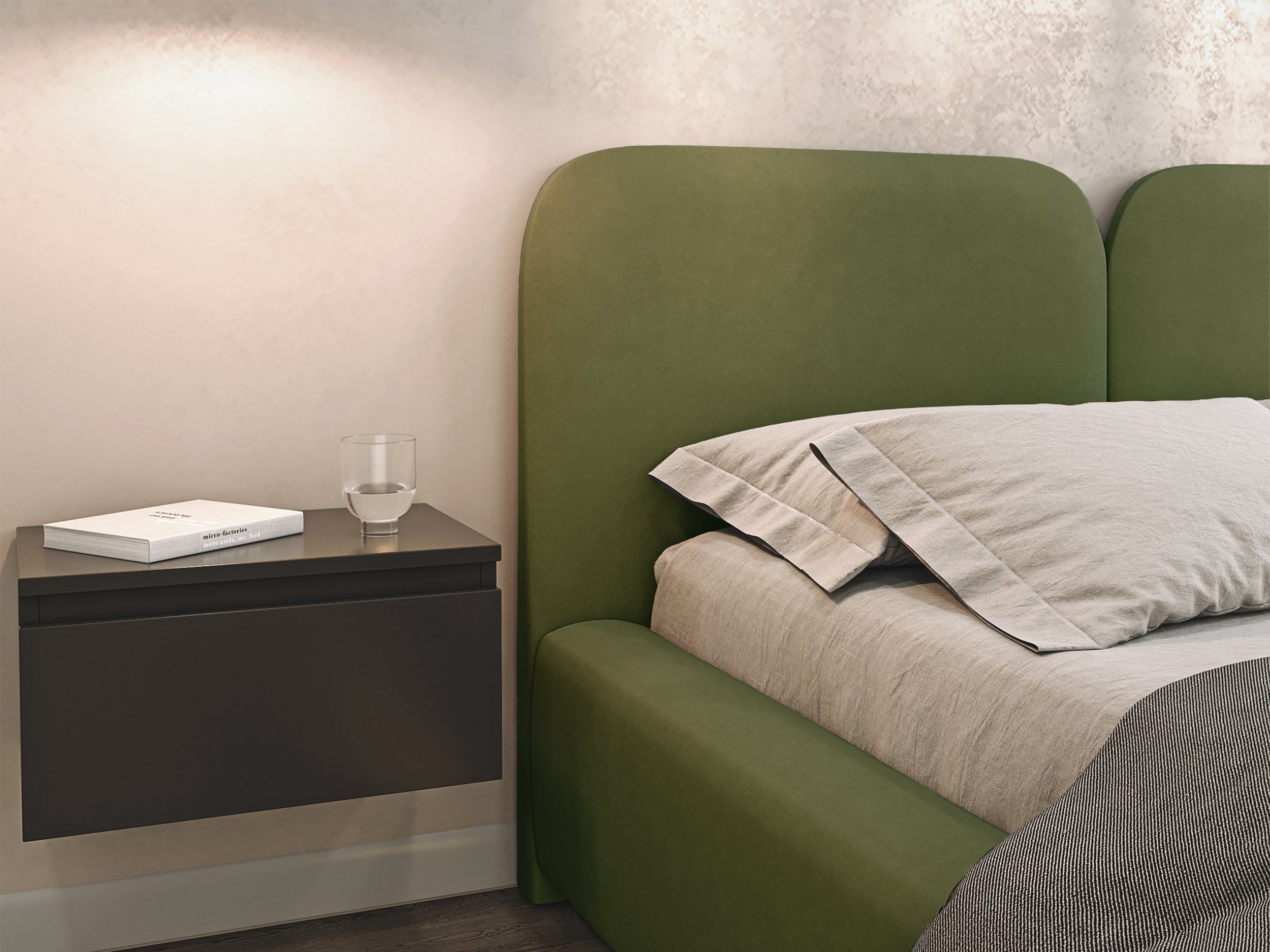 Polsterbett 140x200 cm Comoves mit Stauraum, Metallrahmen, olivgrüner Samt