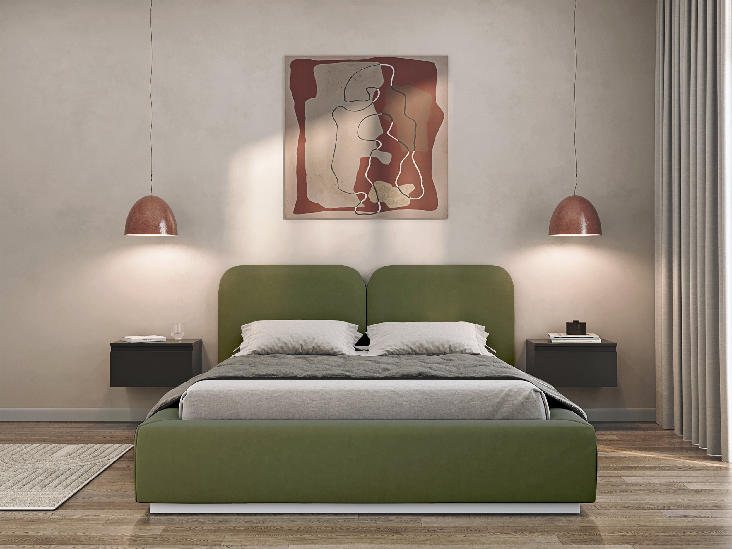 Polsterbett 140x200 cm Comoves mit Stauraum, Metallrahmen, olivgrüner Samt