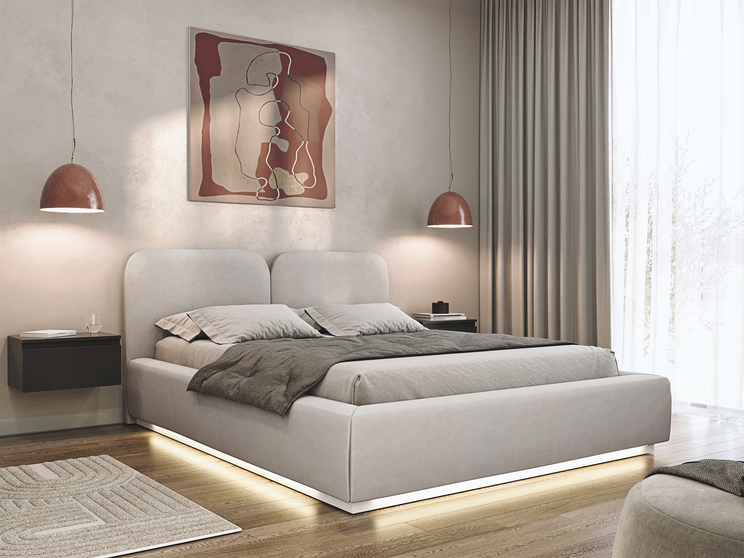Gepolstertes Bett 160x200 cm Comoves mit LED-Beleuchtung, grau-beiger Samt