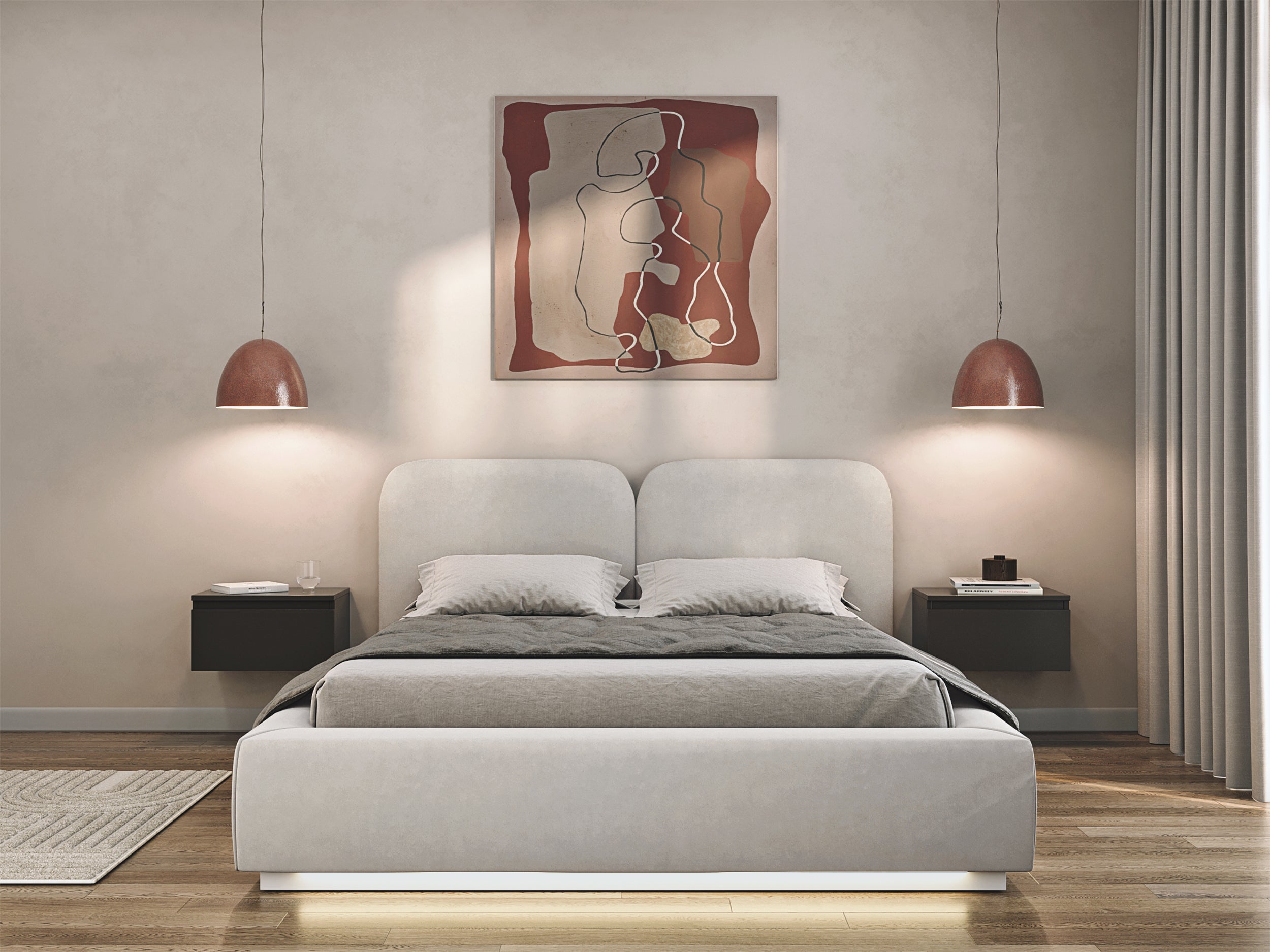 Gepolstertes Bett 160x200 cm Comoves mit LED-Beleuchtung, grau-beiger Samt