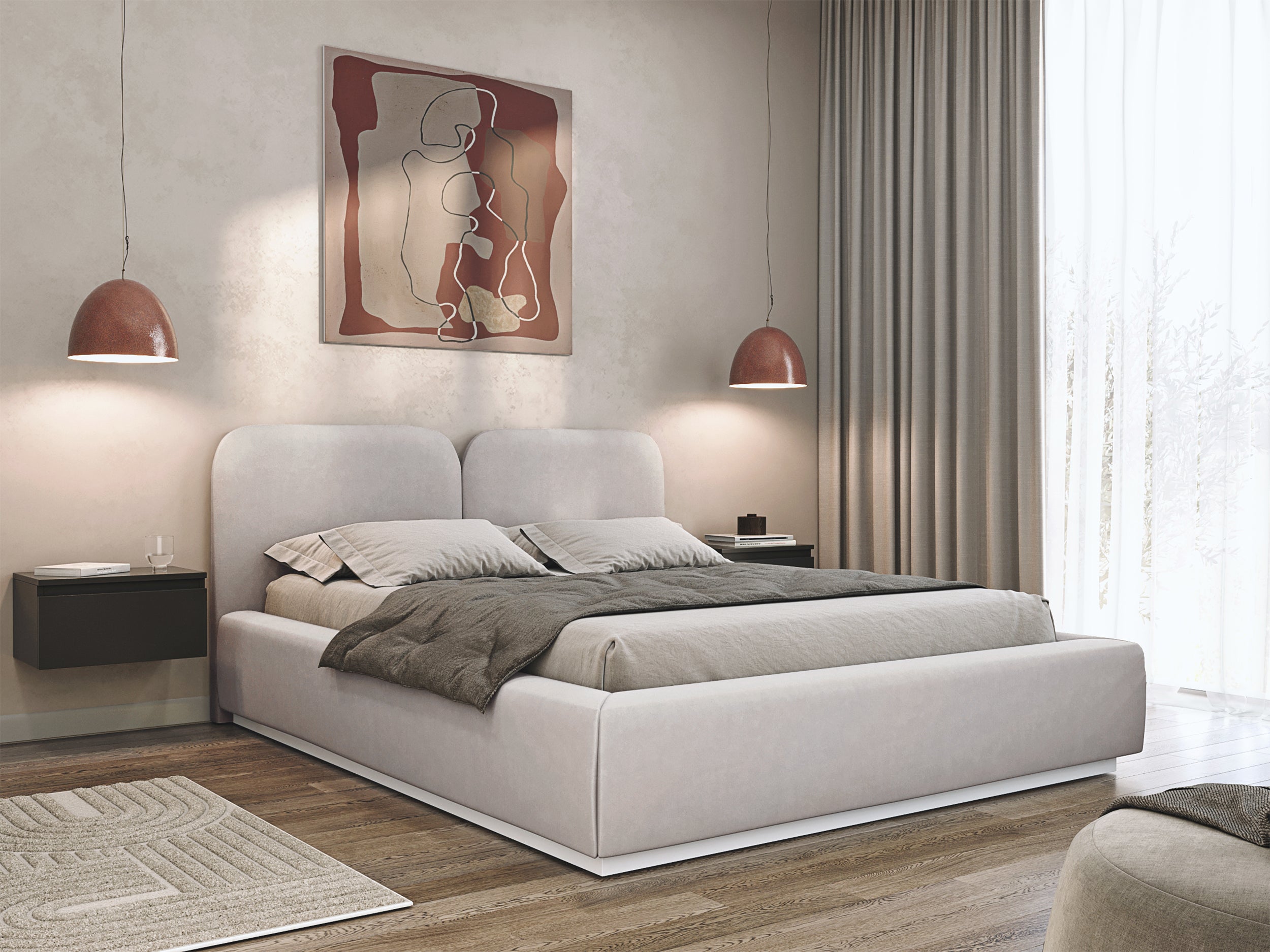 Polsterbett 140x200 cm Comoves mit Stauraum, Metallrahmen, grau-beiges Samt