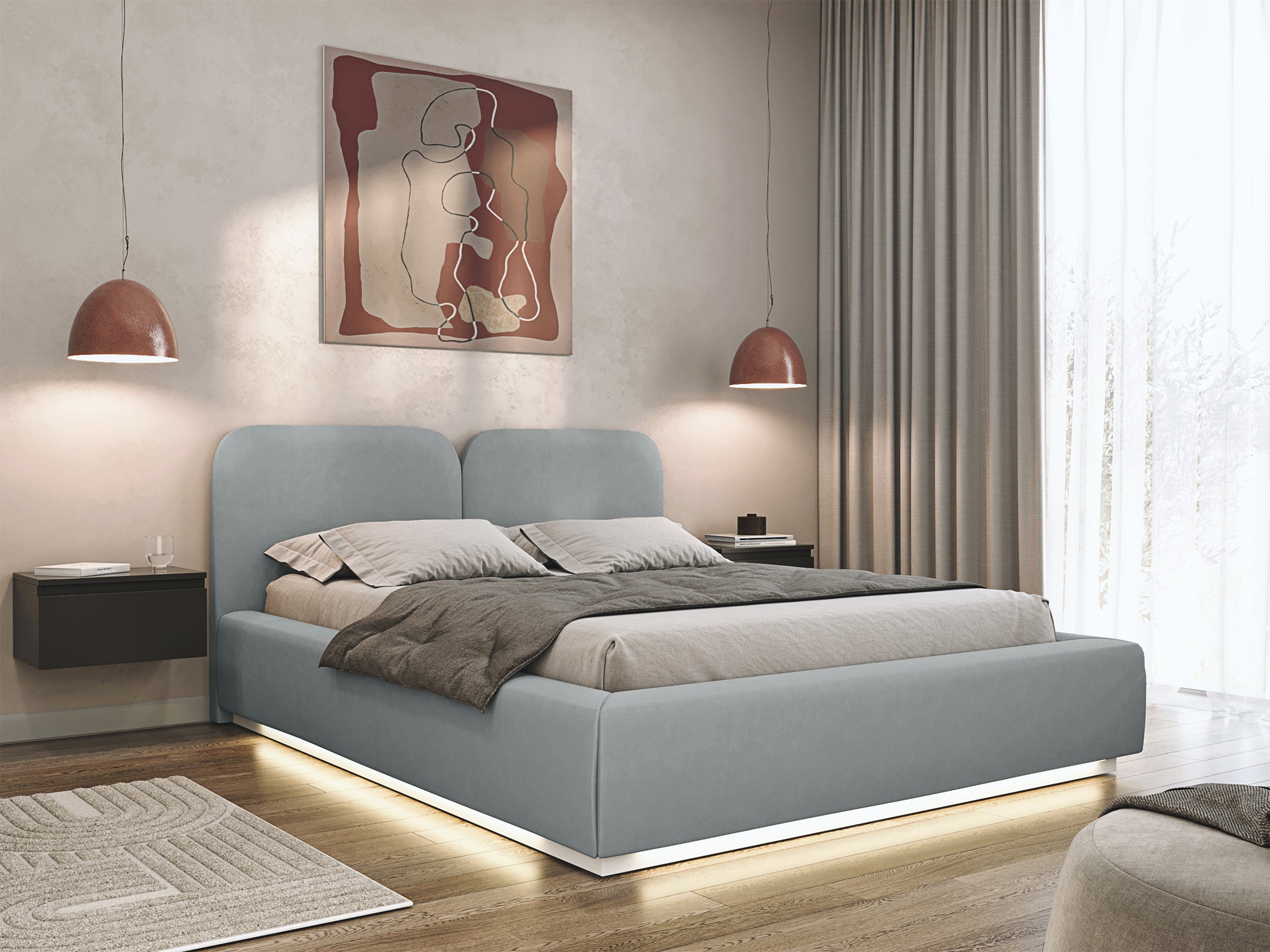 Polsterbett 180x200 cm Comoves mit Stauraum und LED-Beleuchtung, Metallrahmen, grauer Samt