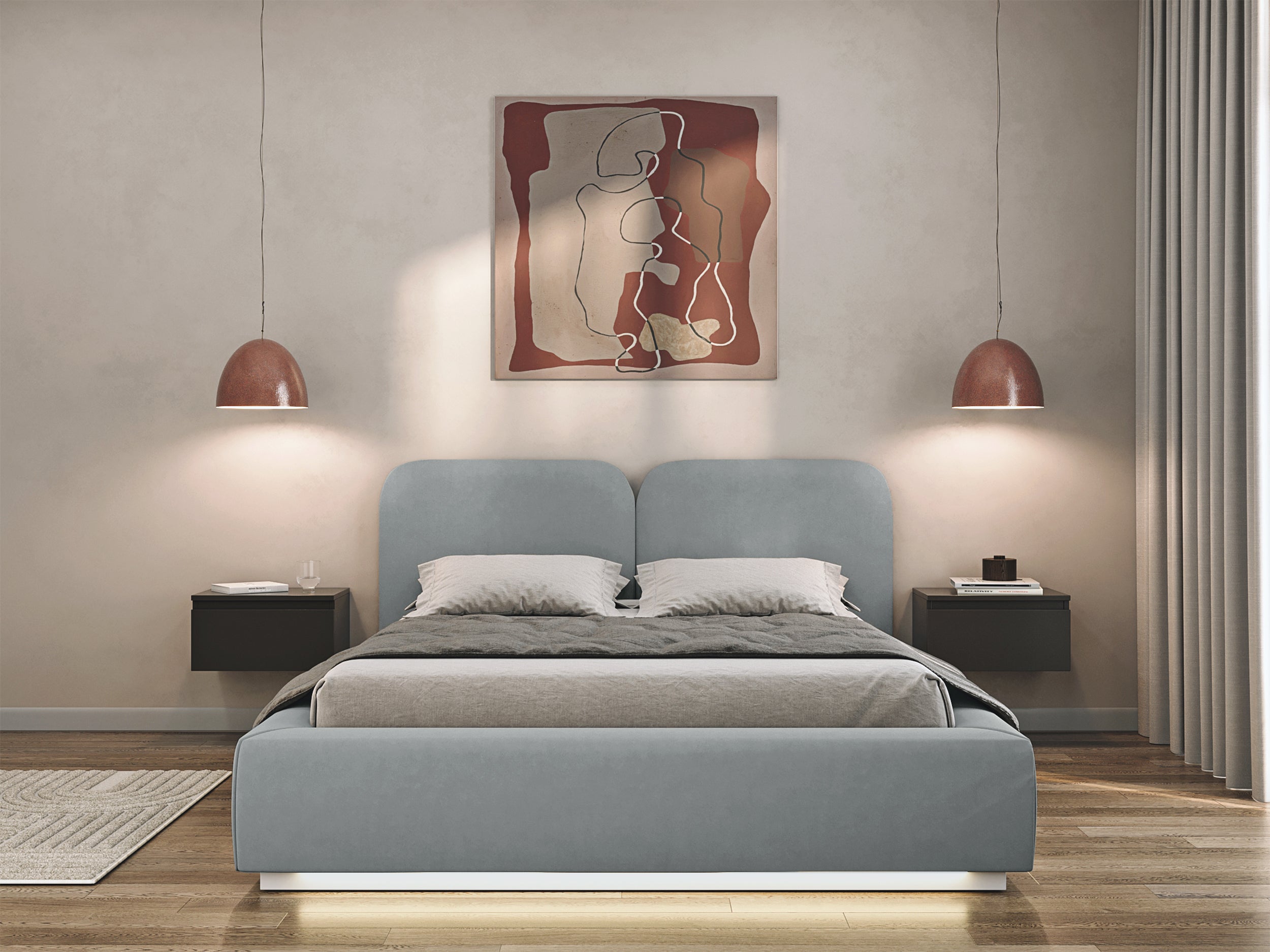 Polsterbett 180x200 cm Comoves mit Stauraum und LED-Beleuchtung, Metallrahmen, grauer Samt