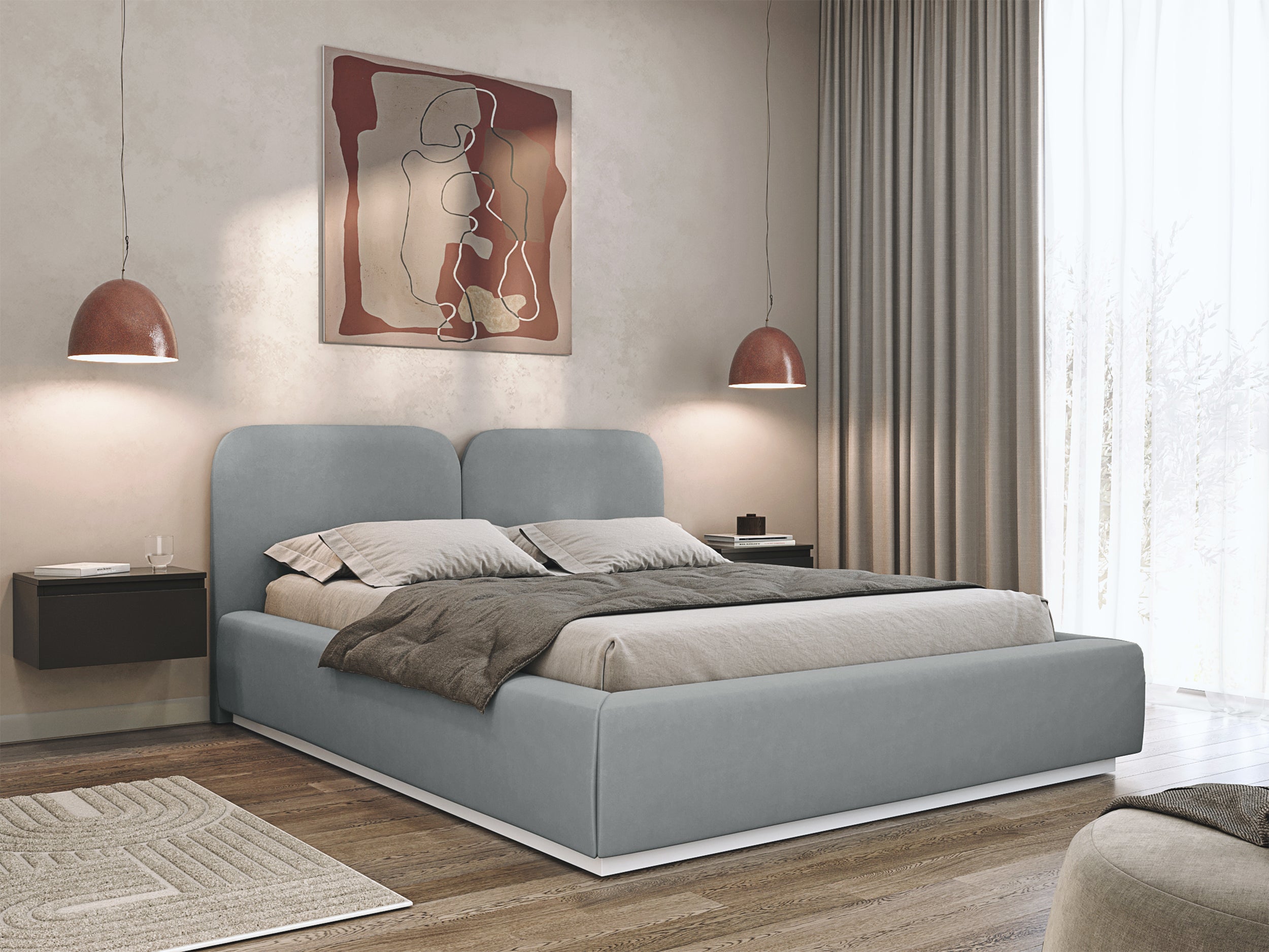 Gepolstertes Bett 140x200 cm Comoves, grauer Samt