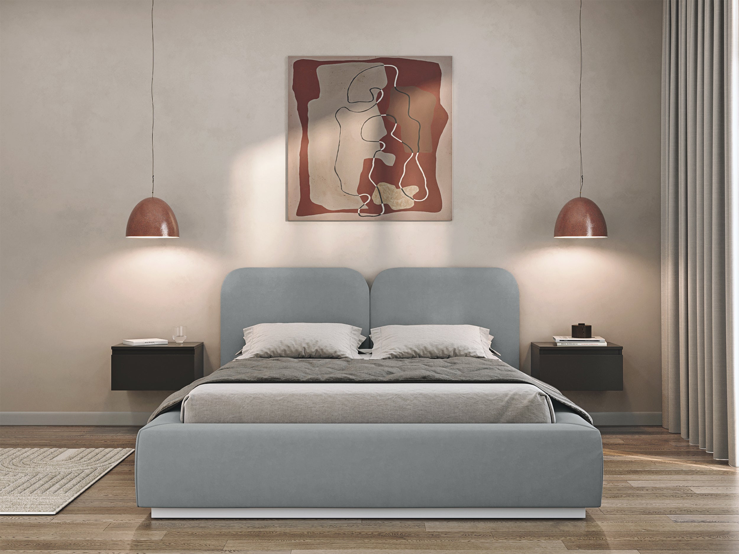 Gepolstertes Bett 140x200 cm Comoves, grauer Samt