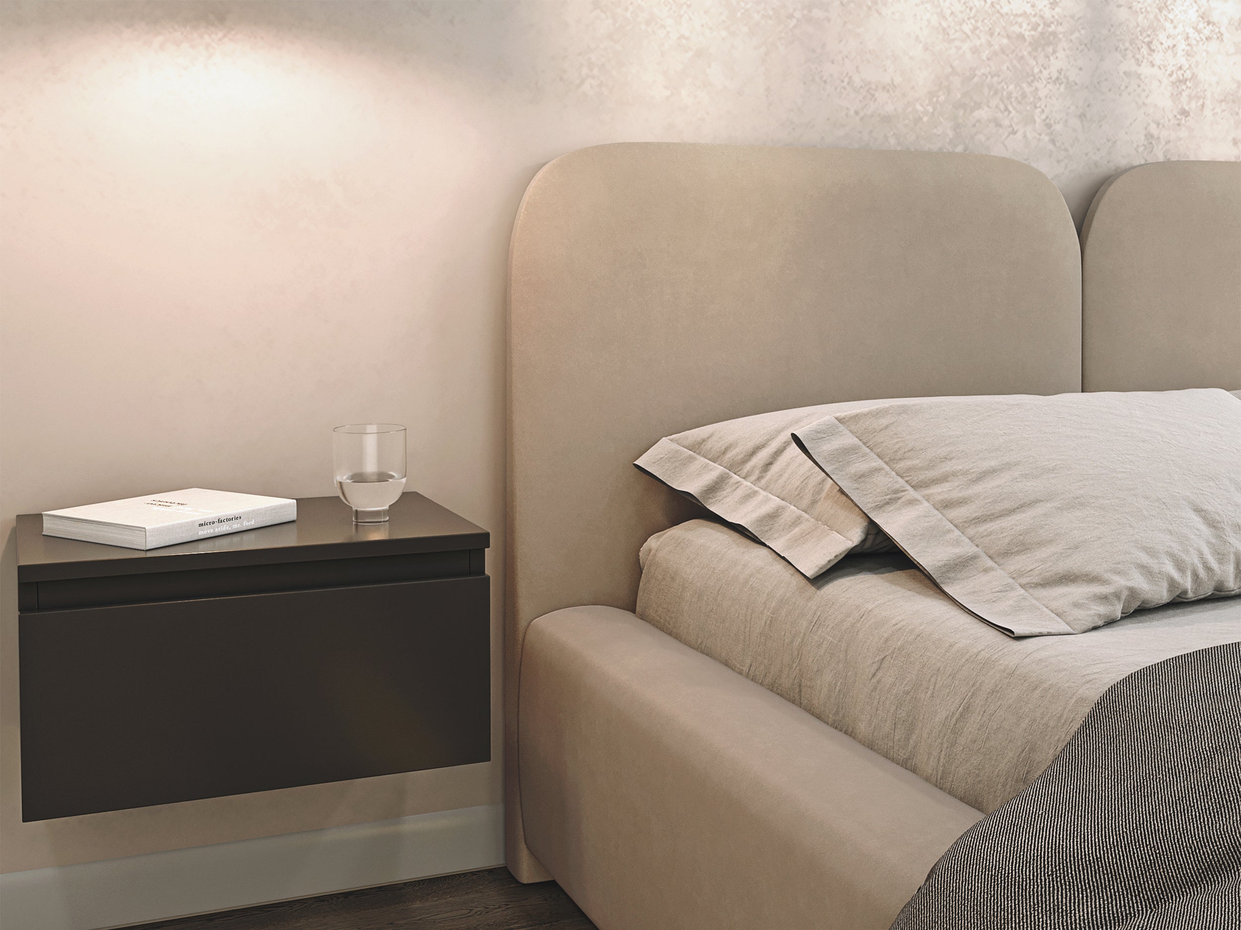 Polsterbett 160x200 cm Comoves mit Stauraum, Metallrahmen, hellbeiger Samt
