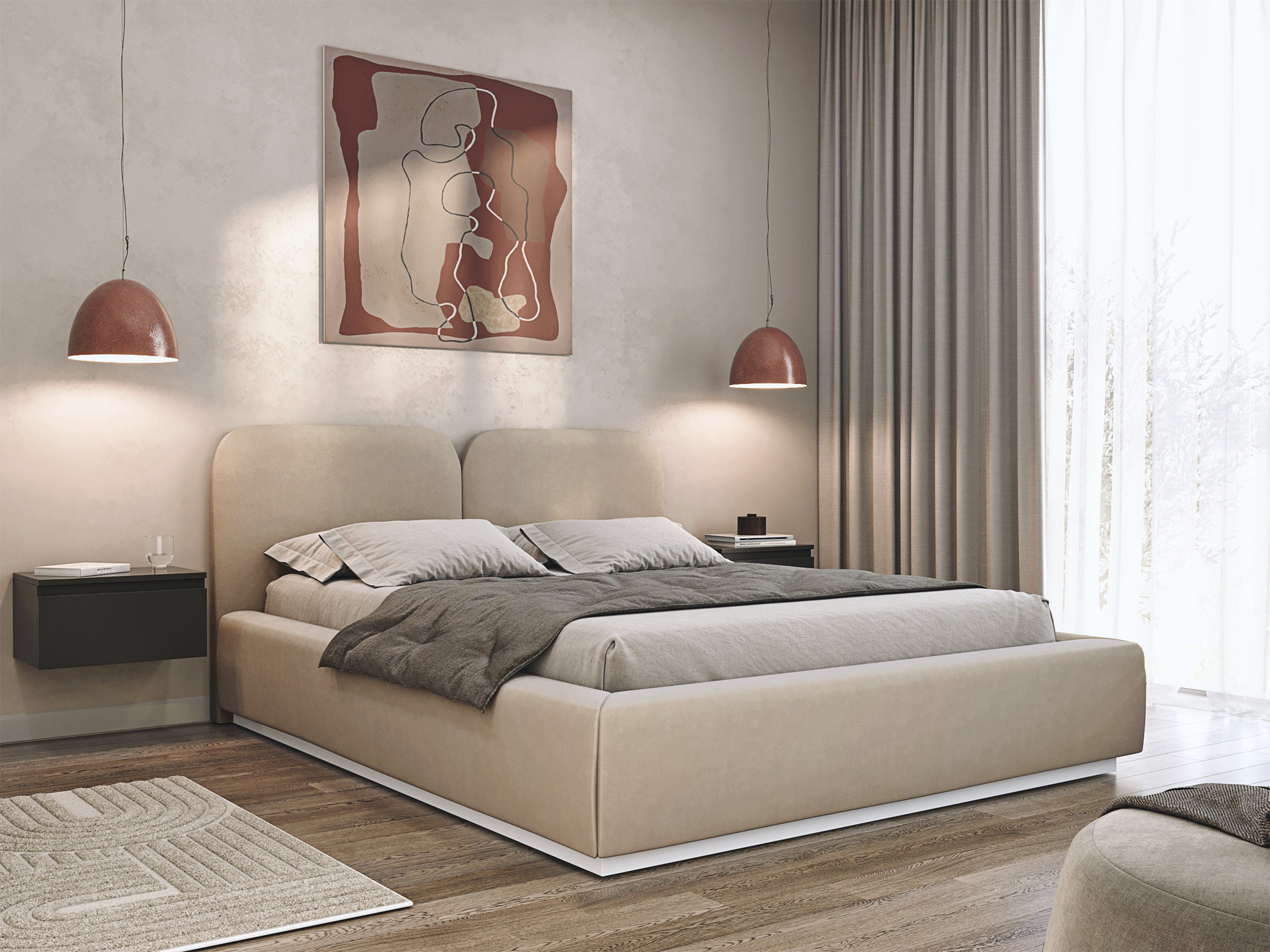 Polsterbett 160x200 cm Comoves mit Stauraum, Metallrahmen, hellbeiger Samt
